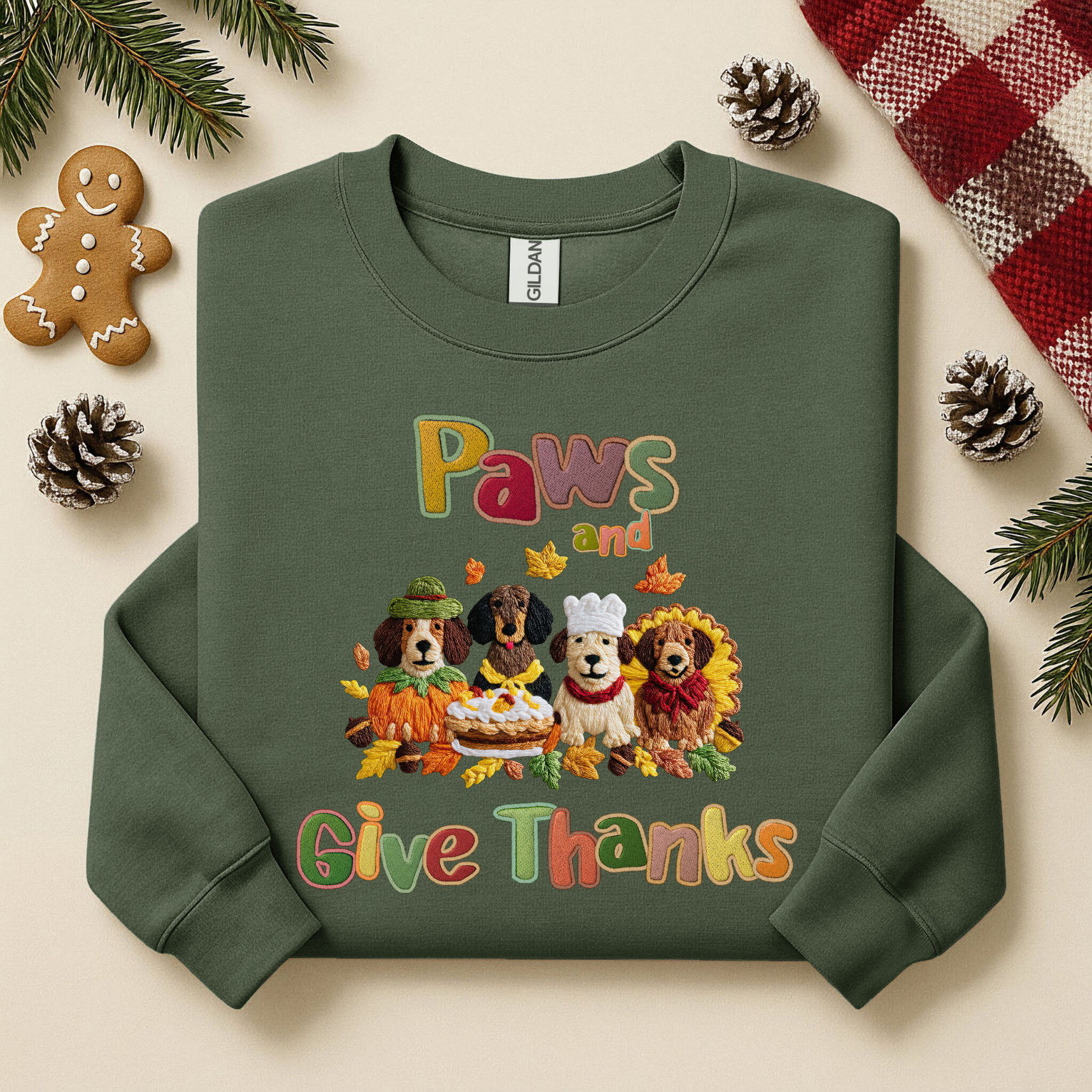 Paws and Give Thanks Dogs Faux Embroidery Gildan Sweatshirt, Thanksgiving Pets Crewneck, Animal Lover Shirt, Fall Gift for Dog Owners