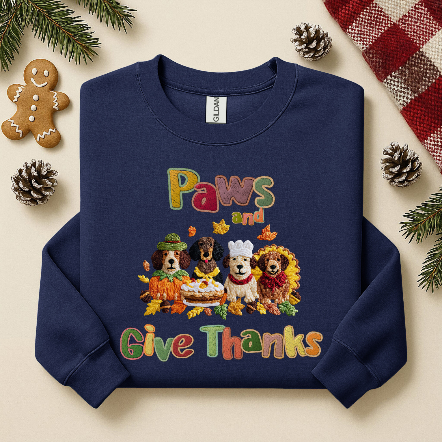 Paws and Give Thanks Dogs Faux Embroidery Gildan Sweatshirt, Thanksgiving Pets Crewneck, Animal Lover Shirt, Fall Gift for Dog Owners