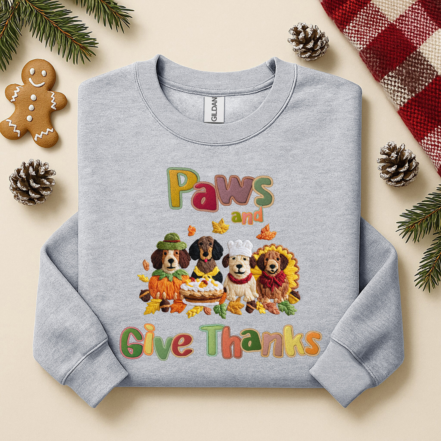 Paws and Give Thanks Dogs Faux Embroidery Gildan Sweatshirt, Thanksgiving Pets Crewneck, Animal Lover Shirt, Fall Gift for Dog Owners