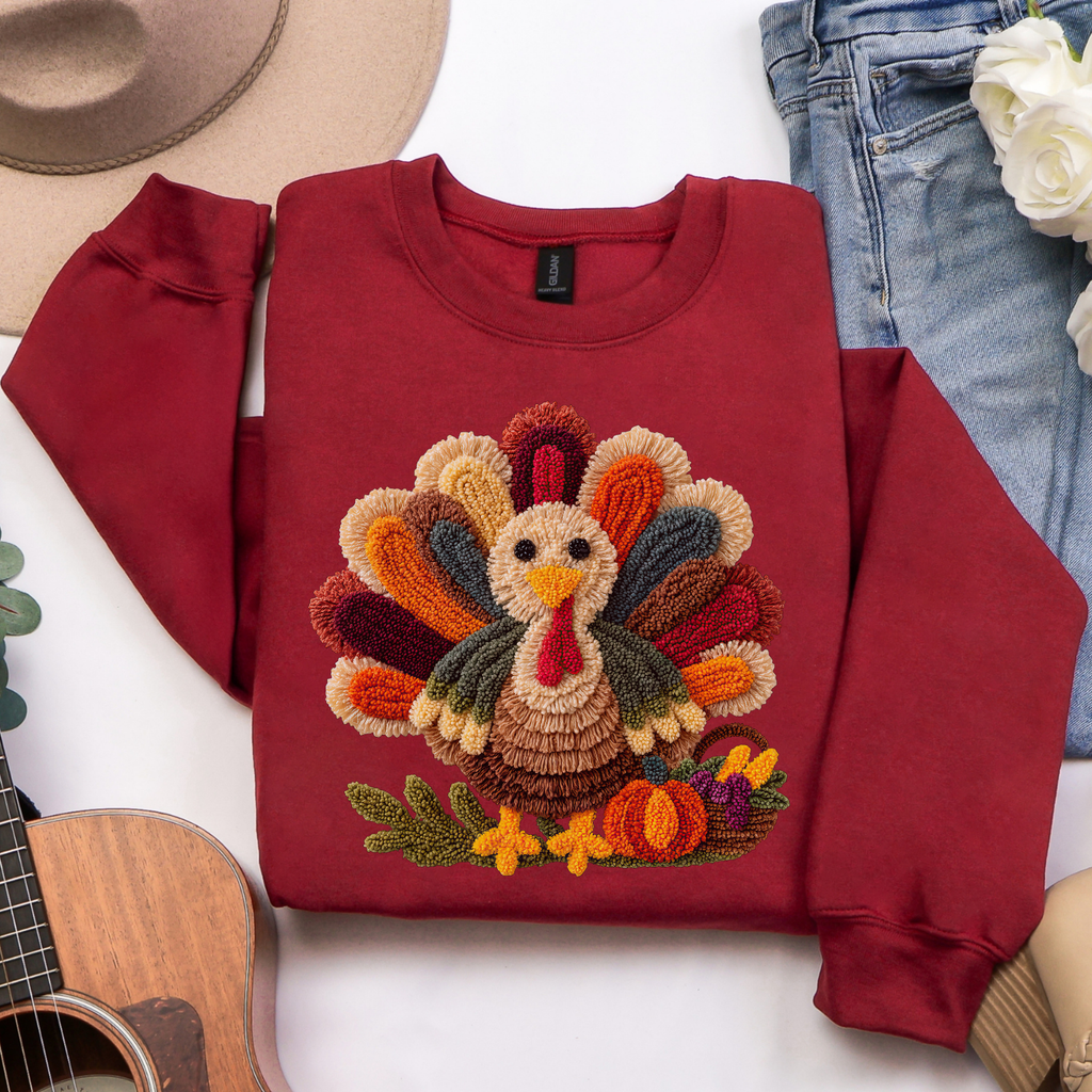 Faux Embroidery Turkey Gildan Sweatshirt, Cute Women's Thanksgiving Shirt
