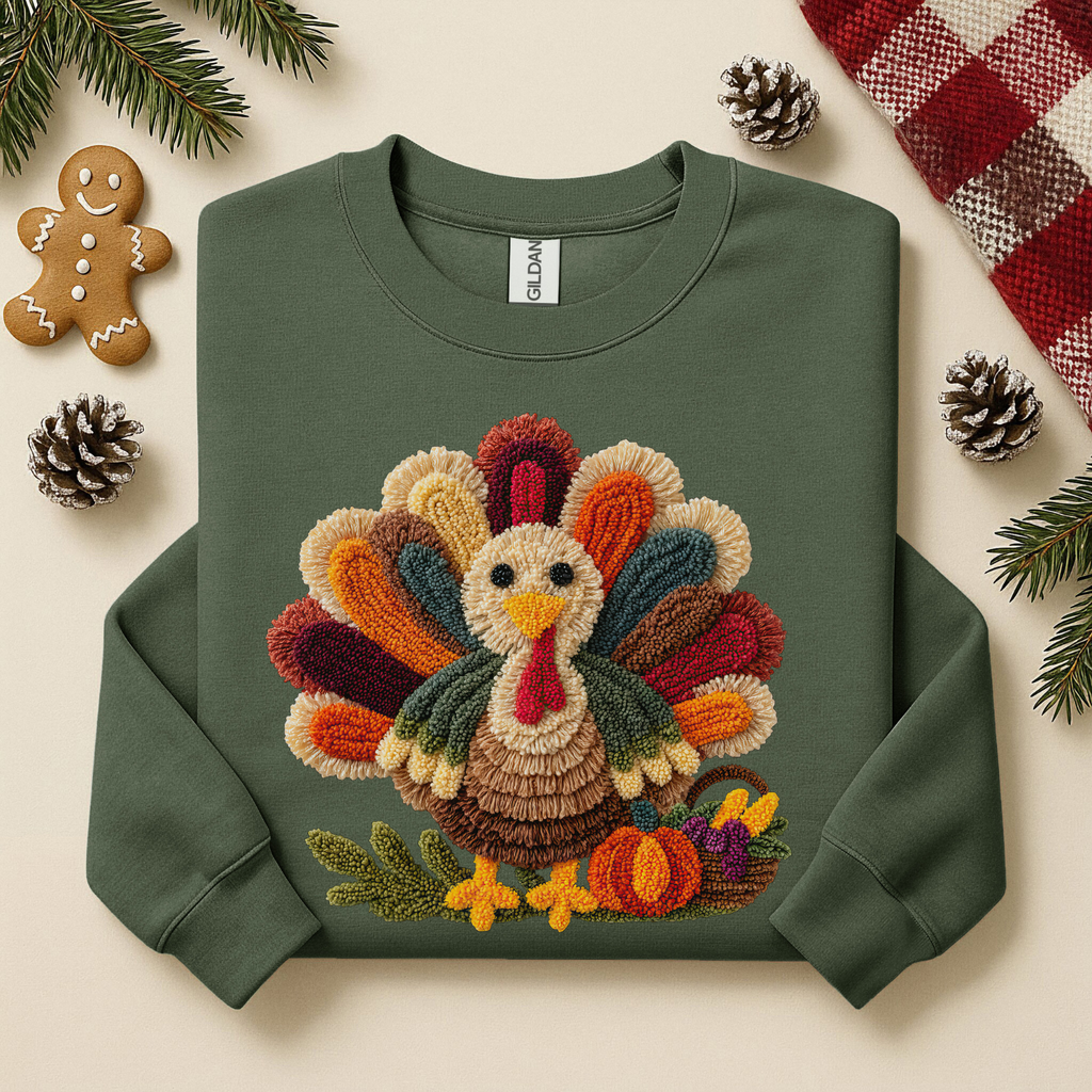 Faux Embroidery Turkey Gildan Sweatshirt, Cute Women's Thanksgiving Shirt