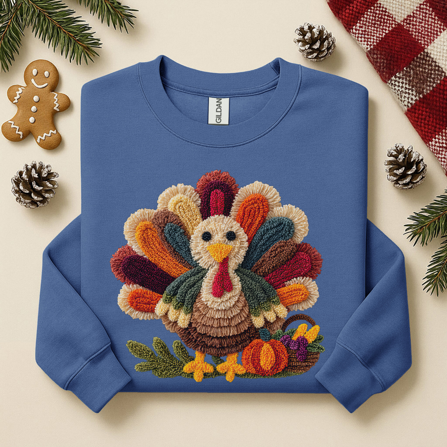 Faux Embroidery Turkey Gildan Sweatshirt, Cute Women's Thanksgiving Shirt