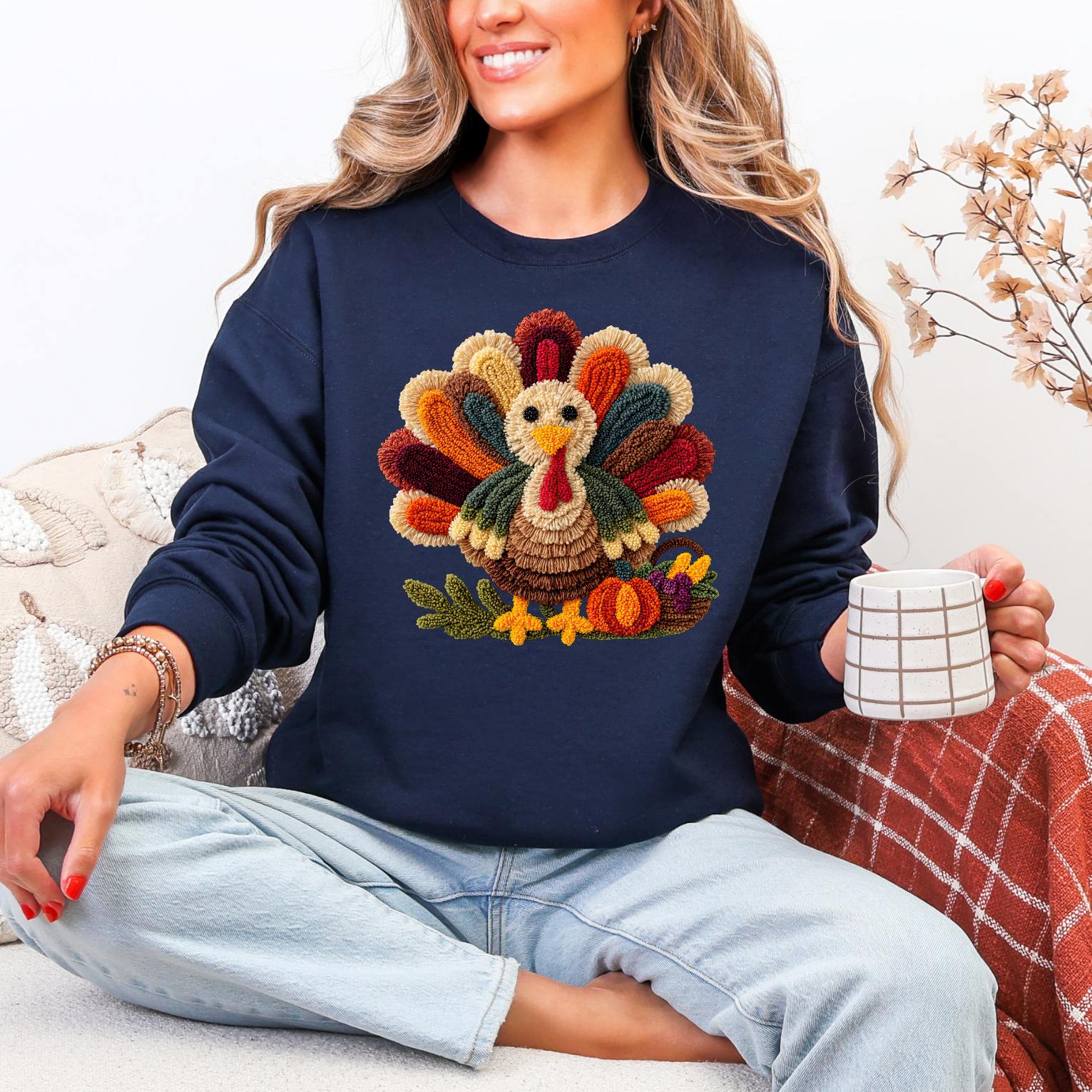 Faux Embroidery Turkey Gildan Sweatshirt, Cute Women's Thanksgiving Shirt