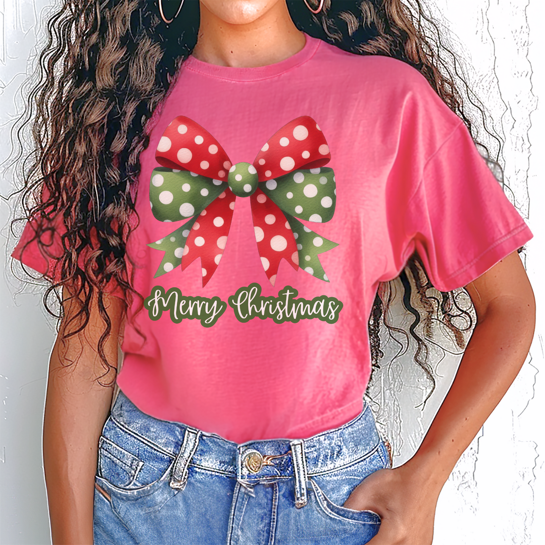 Merry Christmas Bow Comfort Colors T-Shirt, Cute Women's Holiday Tee