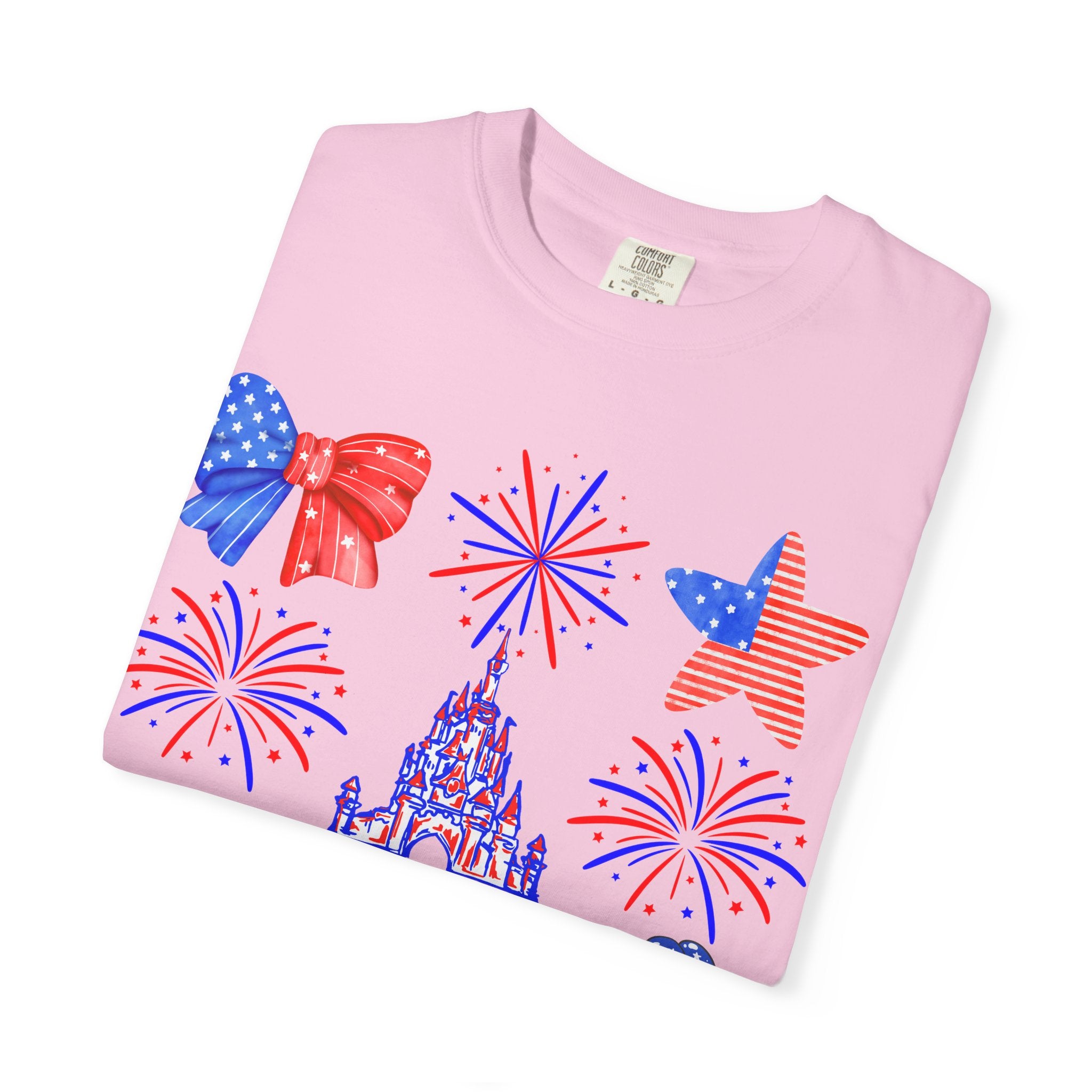 4th of July Disney Coquette Fireworks and Castle shirt, Red White Blue Patriotic bow balloon tee, Stars and Stripes t-shirt, Adult shirt