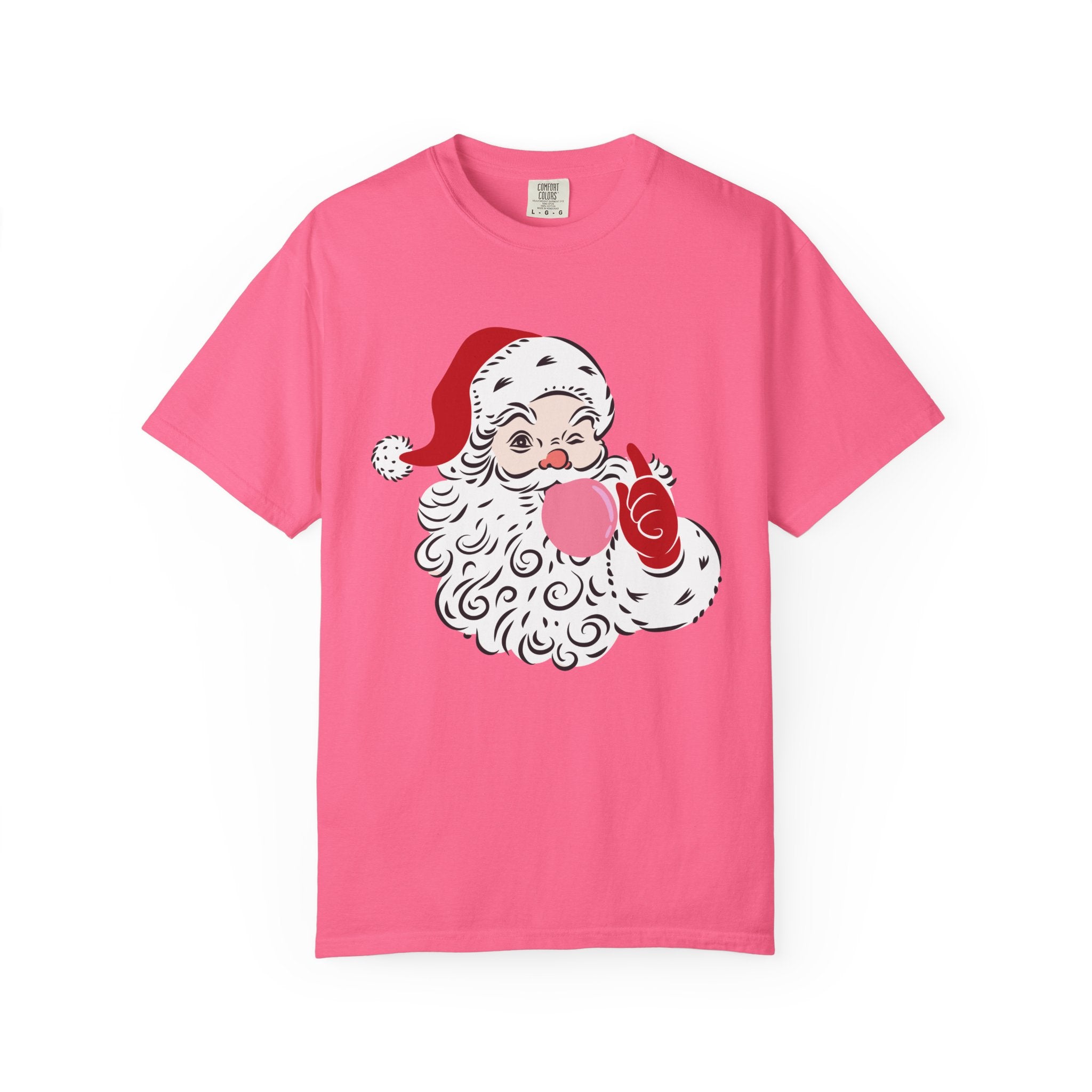 Red Winking Santa Blowing Bubble Comfort Color T-Shirt. Merry Christmas Tee, Woman's Holiday Shirt