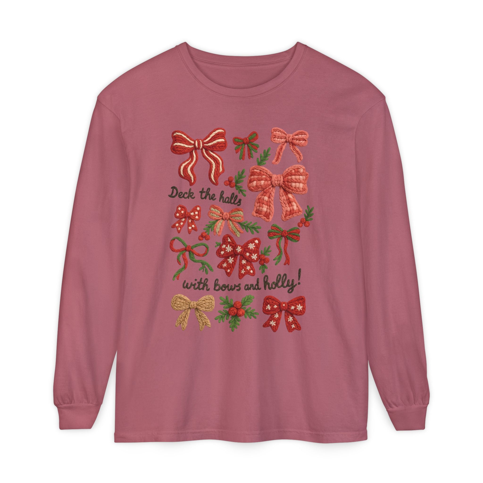 Christmas Bow "Deck the Halls with Bows and Holly" Comfort Colors Long Sleeve Shirt, Faux Embroidery,  Holiday t-shirt