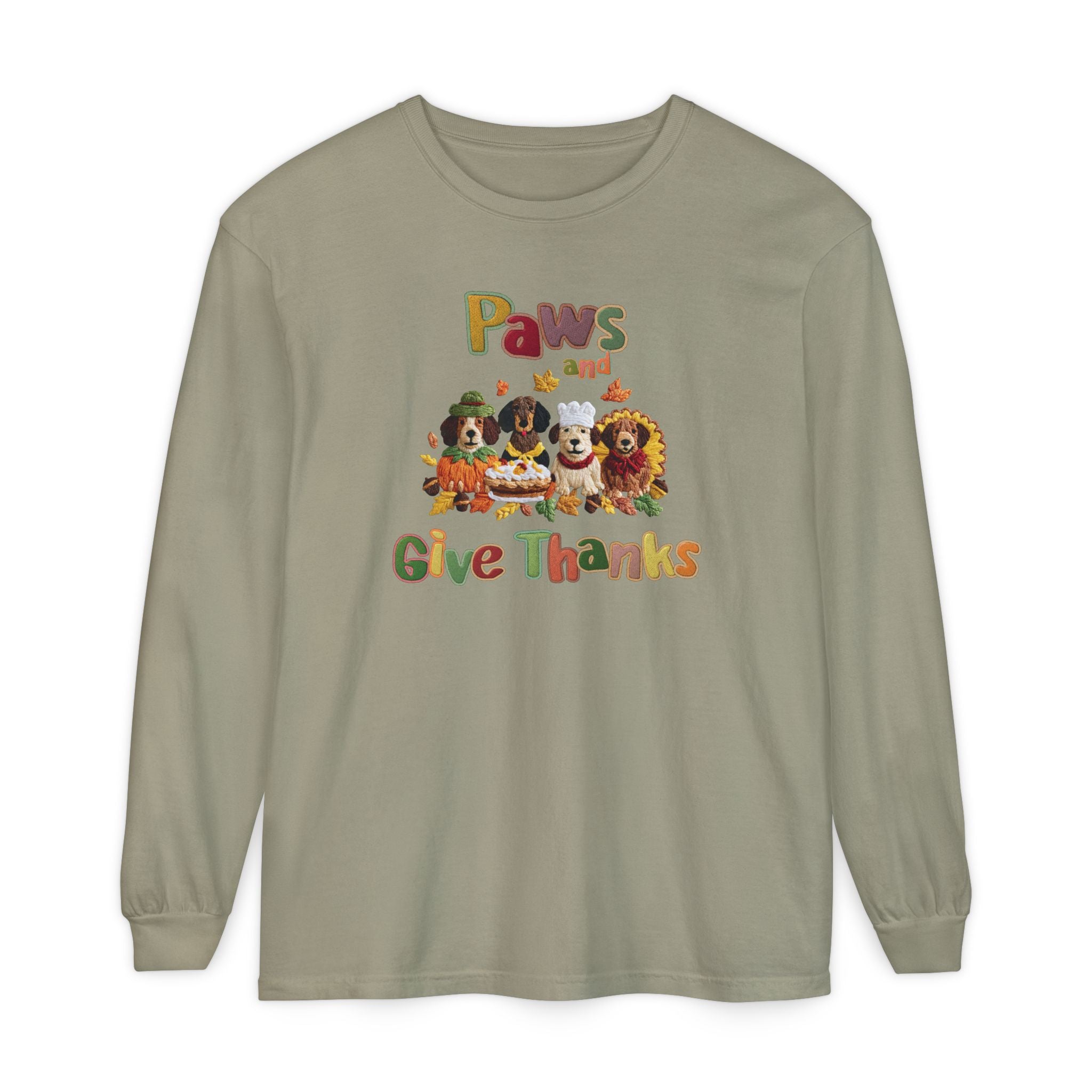 Paws and Give Thanks Dogs Faux Embroidery Comfort Colors Long Sleeve T-shirt, Thanksgiving Pets Tee, Animal Lover Shirt, Fall Gift for Dog Owners