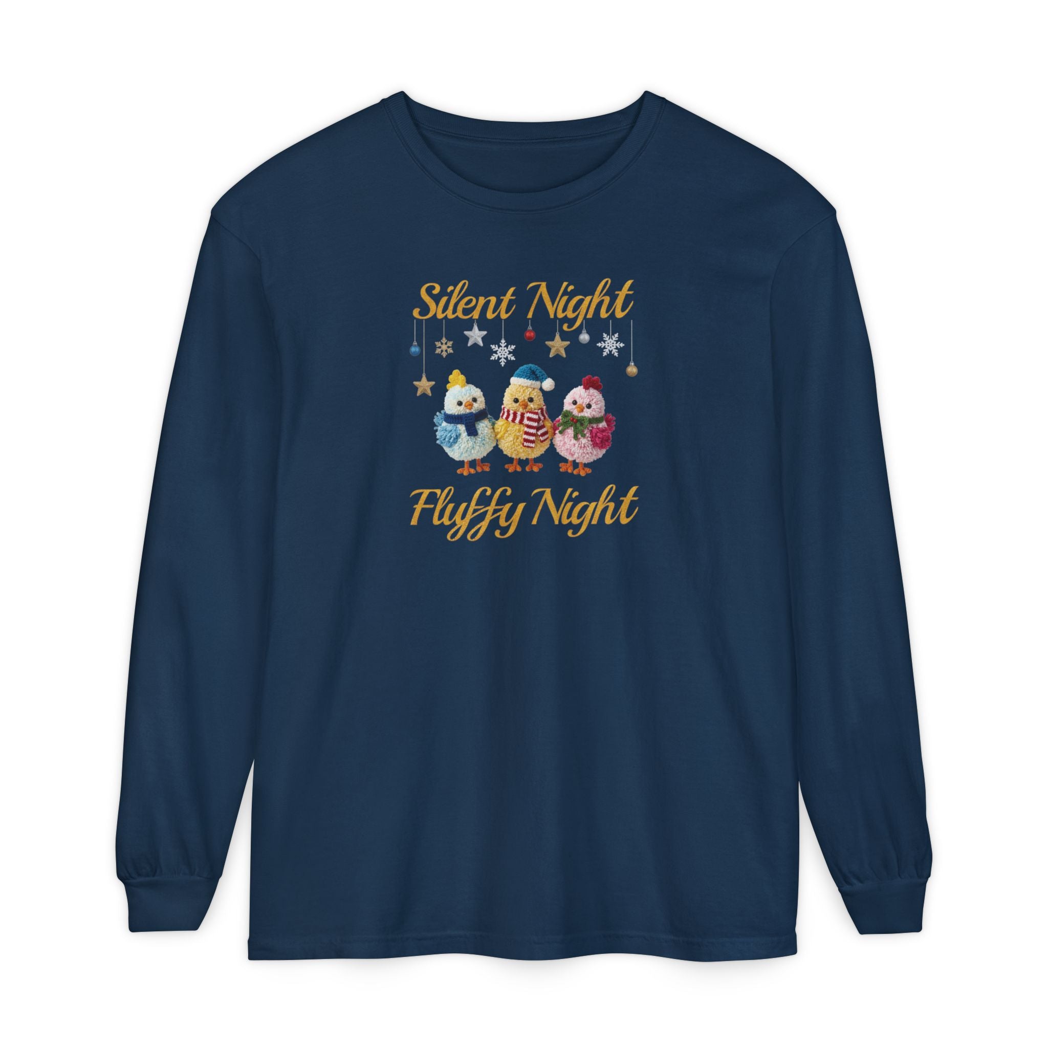 Silent Night Fluffy Night Long Sleeve T-Shirt | Cute Chick Christmas Comfort Colors Tee | Funny Holiday Shirt | Cozy Winter Top