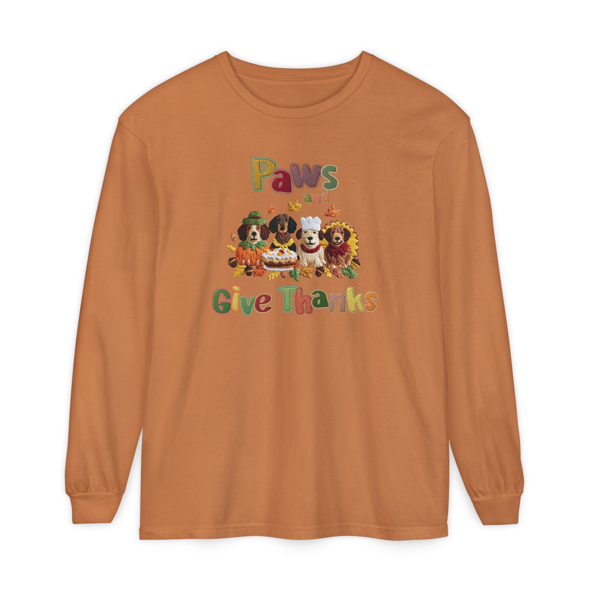 Paws and Give Thanks Dogs Faux Embroidery Comfort Colors Long Sleeve T-shirt, Thanksgiving Pets Tee, Animal Lover Shirt, Fall Gift for Dog Owners