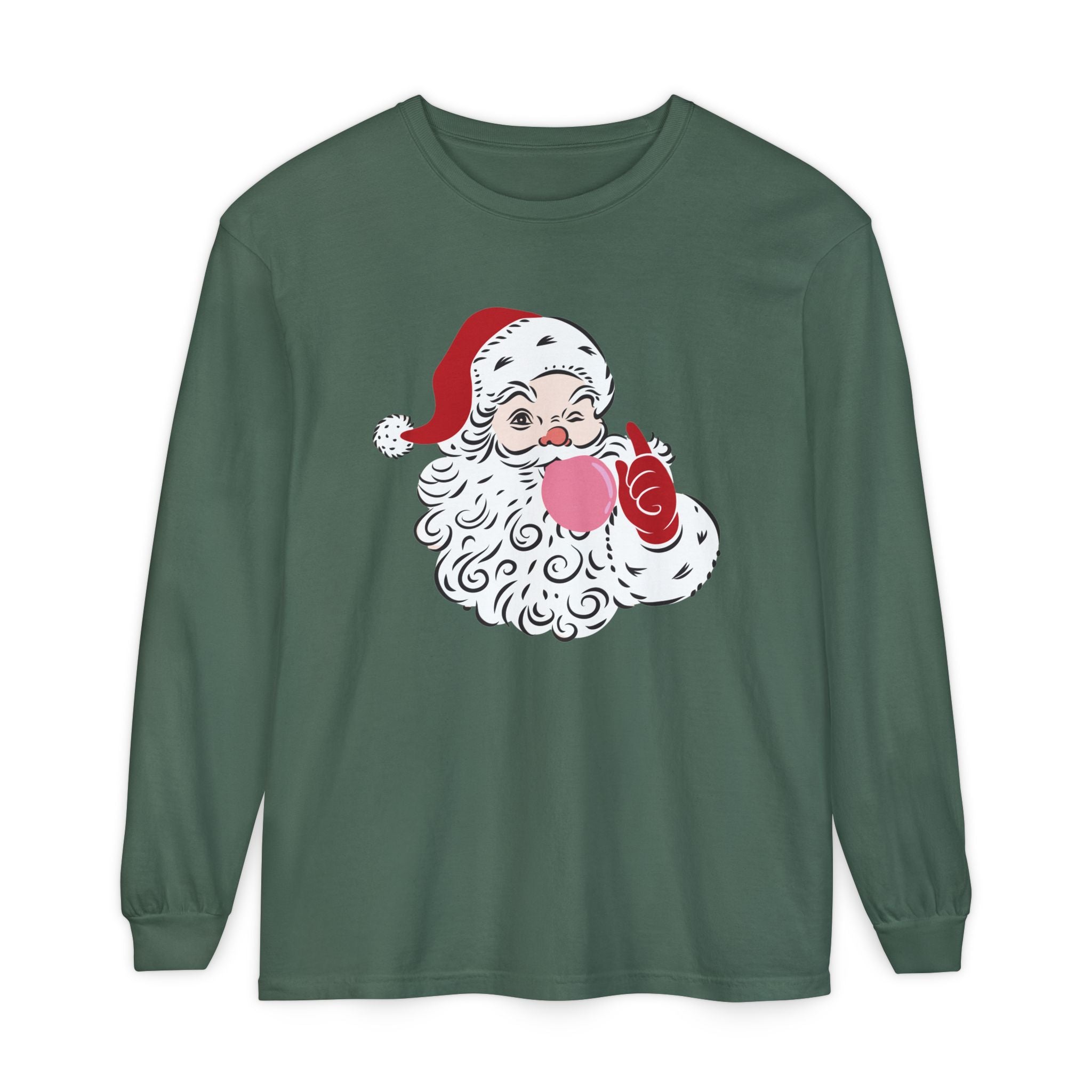 Red Winking Santa Blowing Bubble Comfort Color Long Sleeve T-Shirt. Merry Christmas Tee, Woman's Holiday Shirt