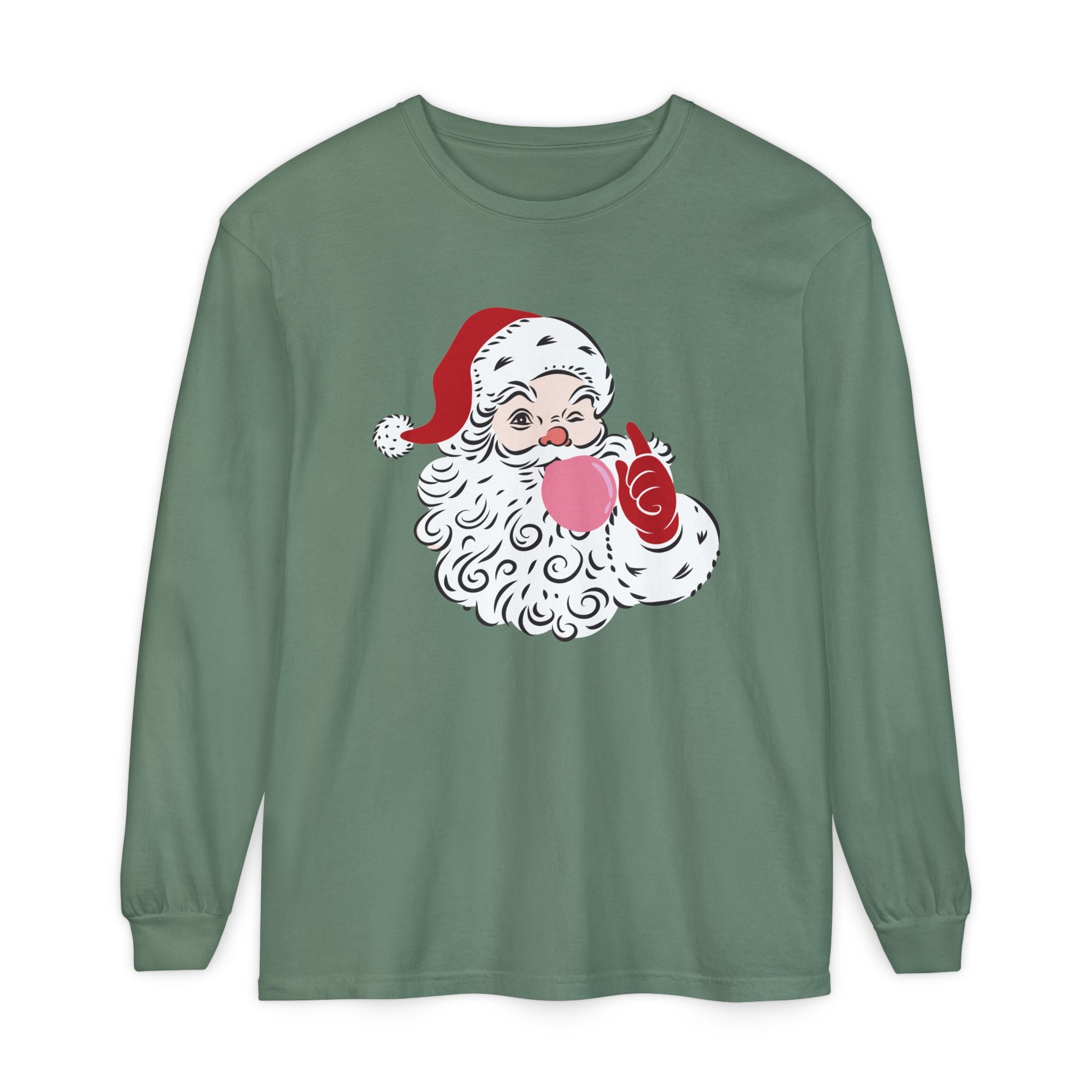 Red Winking Santa Blowing Bubble Comfort Color Long Sleeve T-Shirt. Merry Christmas Tee, Woman's Holiday Shirt