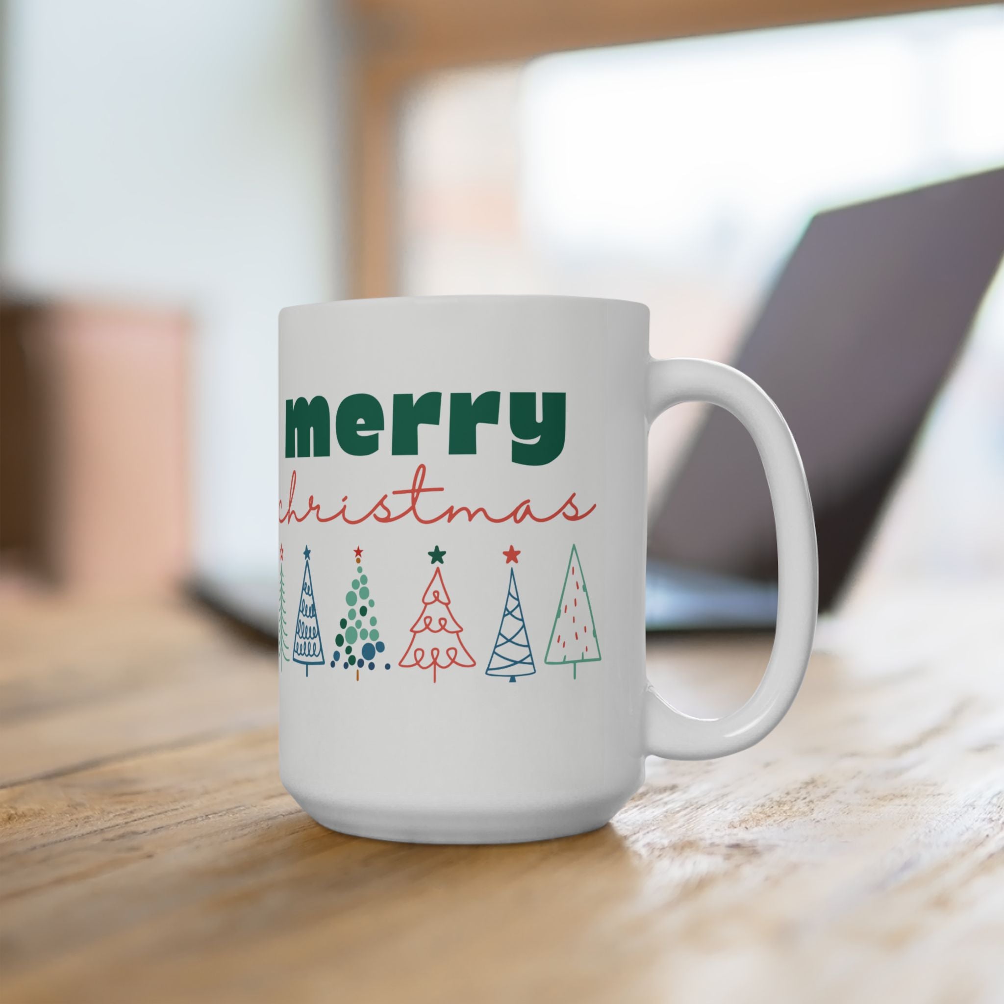 Merry Christmas Line-drawn Christmas Trees Coffee Cup, White Festive Holiday Mug, Holiday Decor, Christmas Celebration