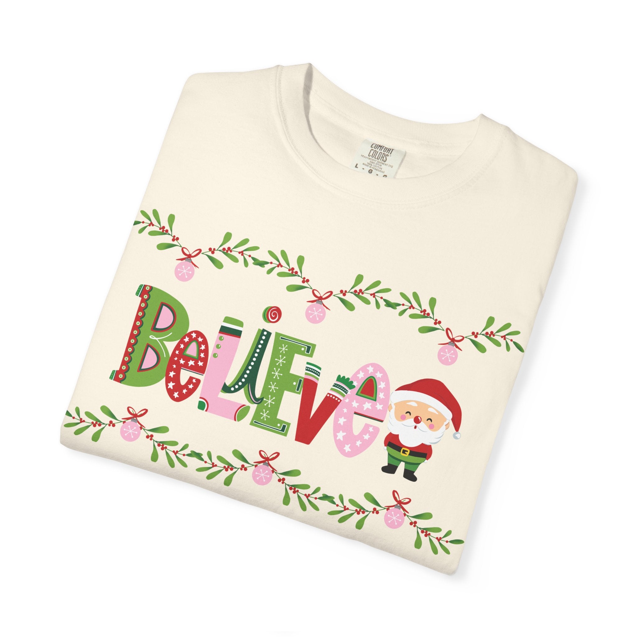 Believe Santa Comfort Colors T-shirt, Pink Green Red Christmas Tee, Holiday Shirt