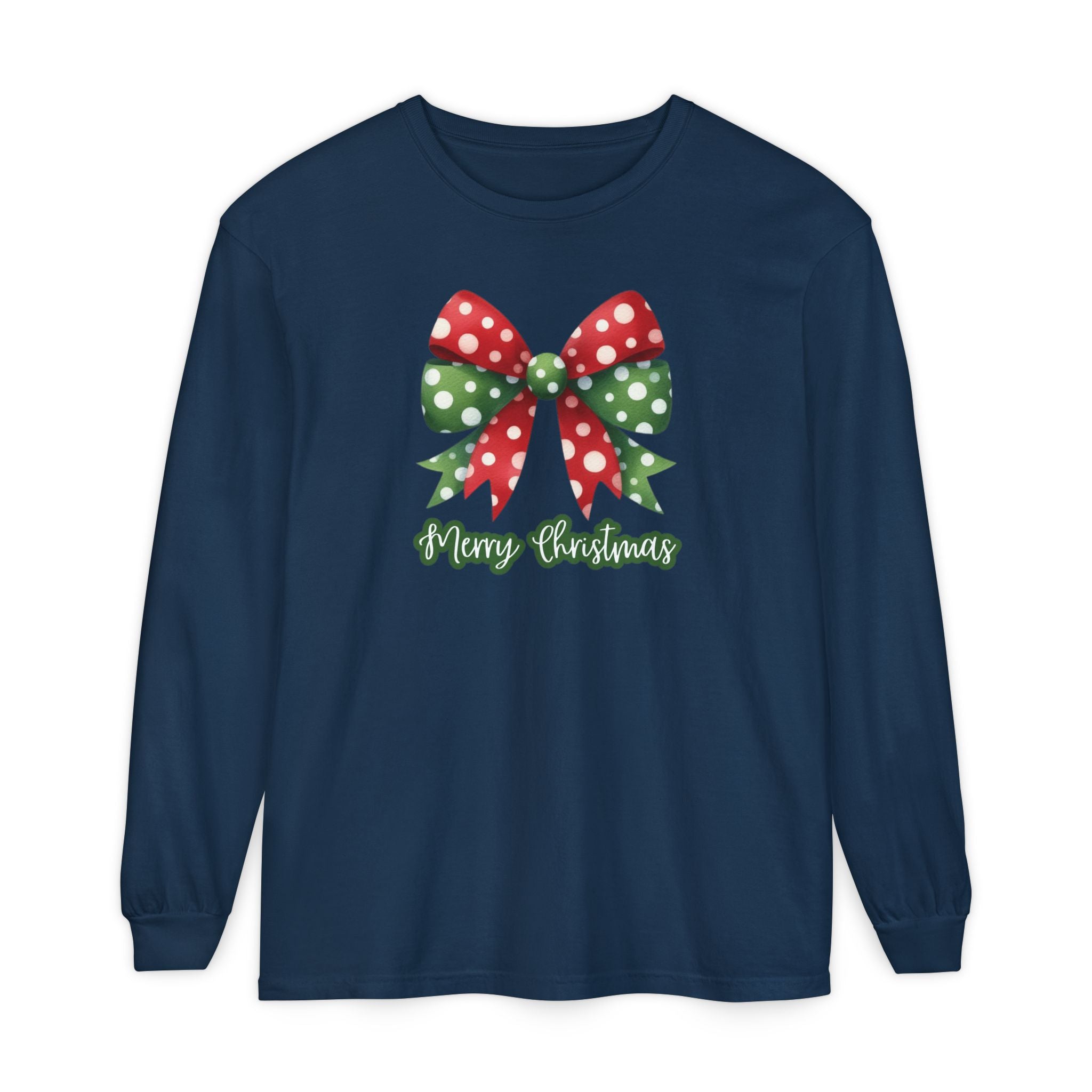 Merry Christmas Bow Comfort Colors Long Sleeve T-Shirt, Cute Women's Holiday Tee