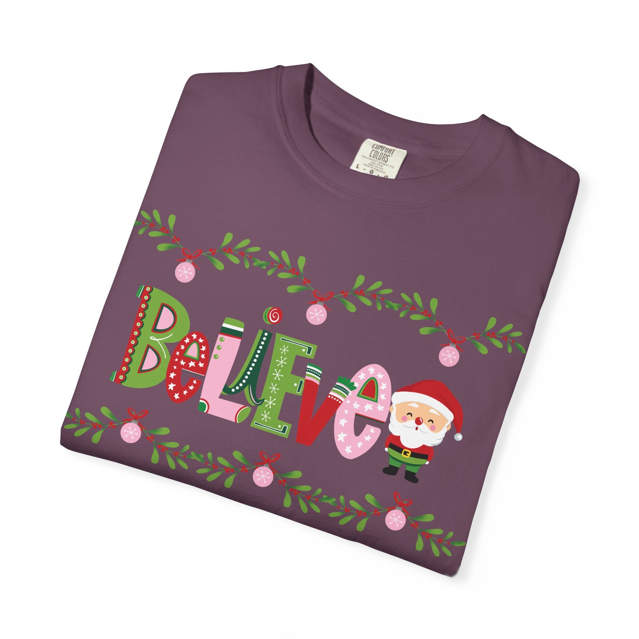 Believe Santa Comfort Colors T-shirt, Pink Green Red Christmas Tee, Holiday Shirt