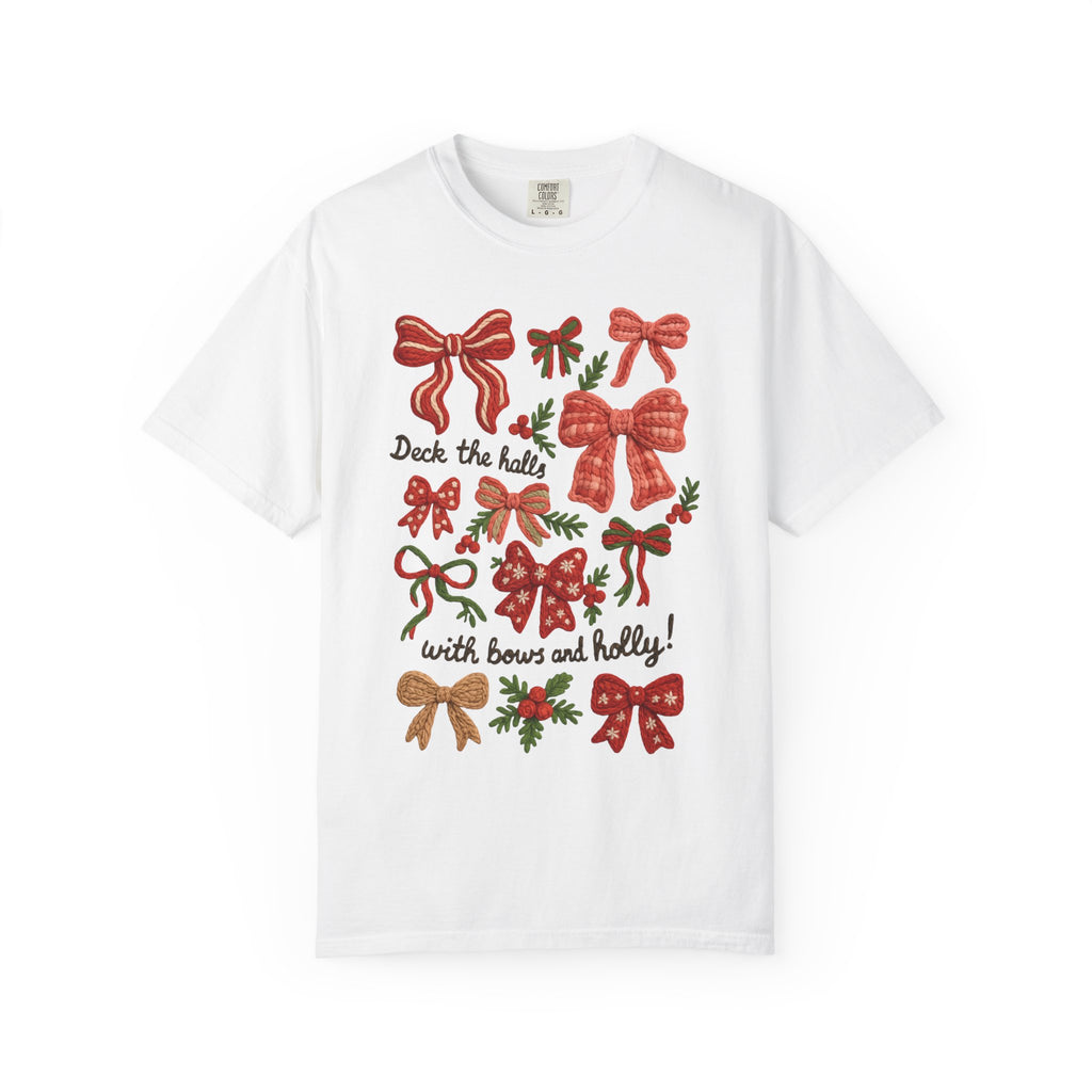 Christmas Bow "Deck the Halls with Bows and Holly" Comfort Colors T-Shirt, Faux Embroidery,  Holiday t-shirt