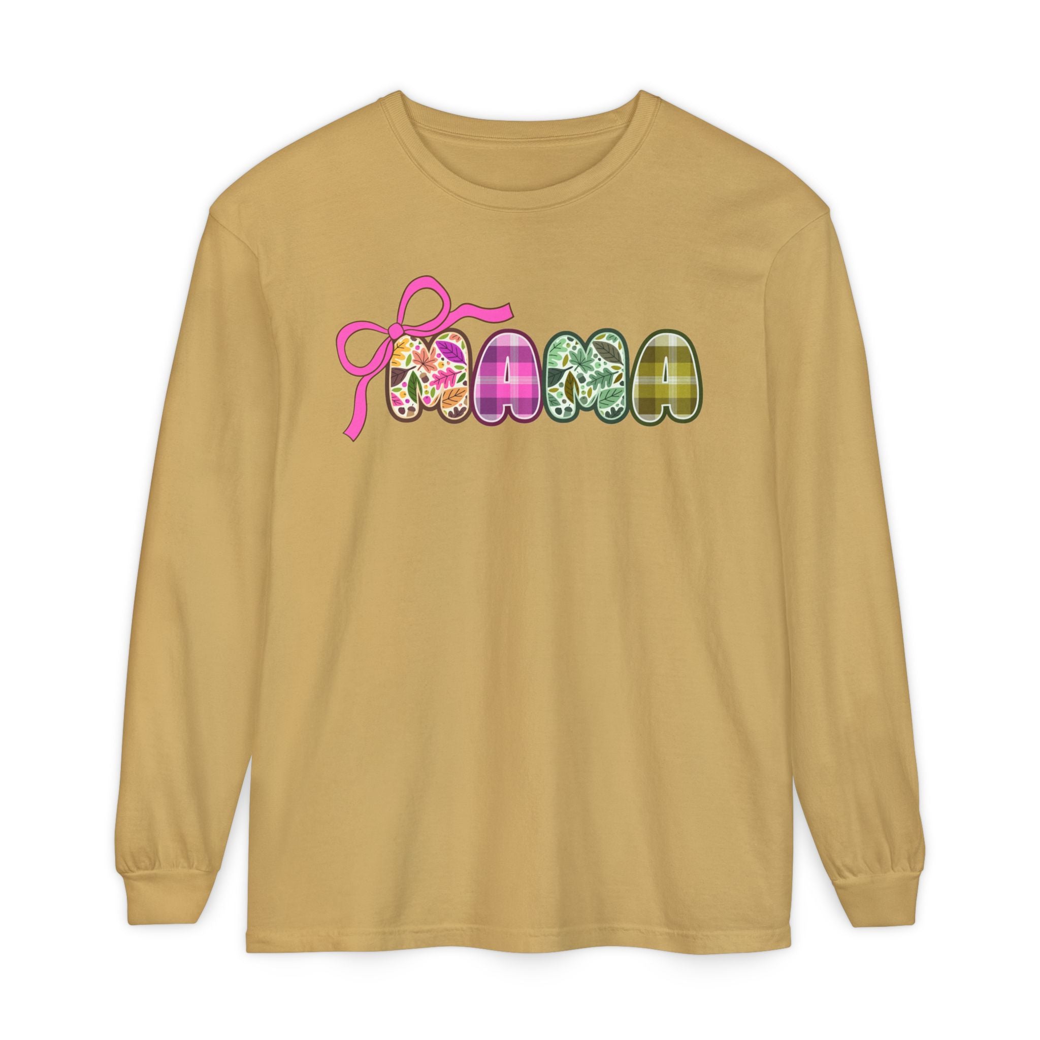 Fall MAMA Long Sleeve T-shirt with Bow, Autumn Mama Tee, Plaid Mama Shirt, Fall Leaves Mama tshirt, Comfort Colors
