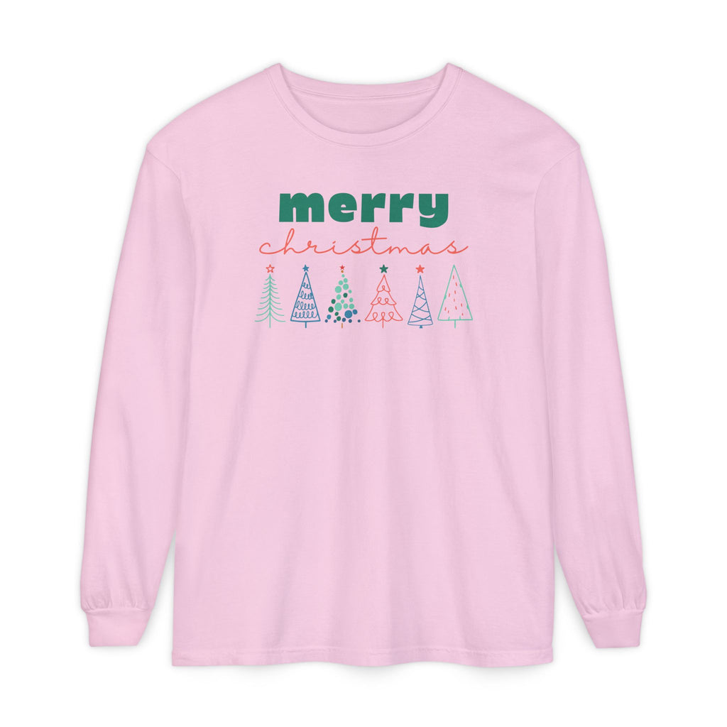 Merry Christmas Line-drawn Christmas Trees Long Sleeve T-shirt, Comfort Colors Holiday Tee
