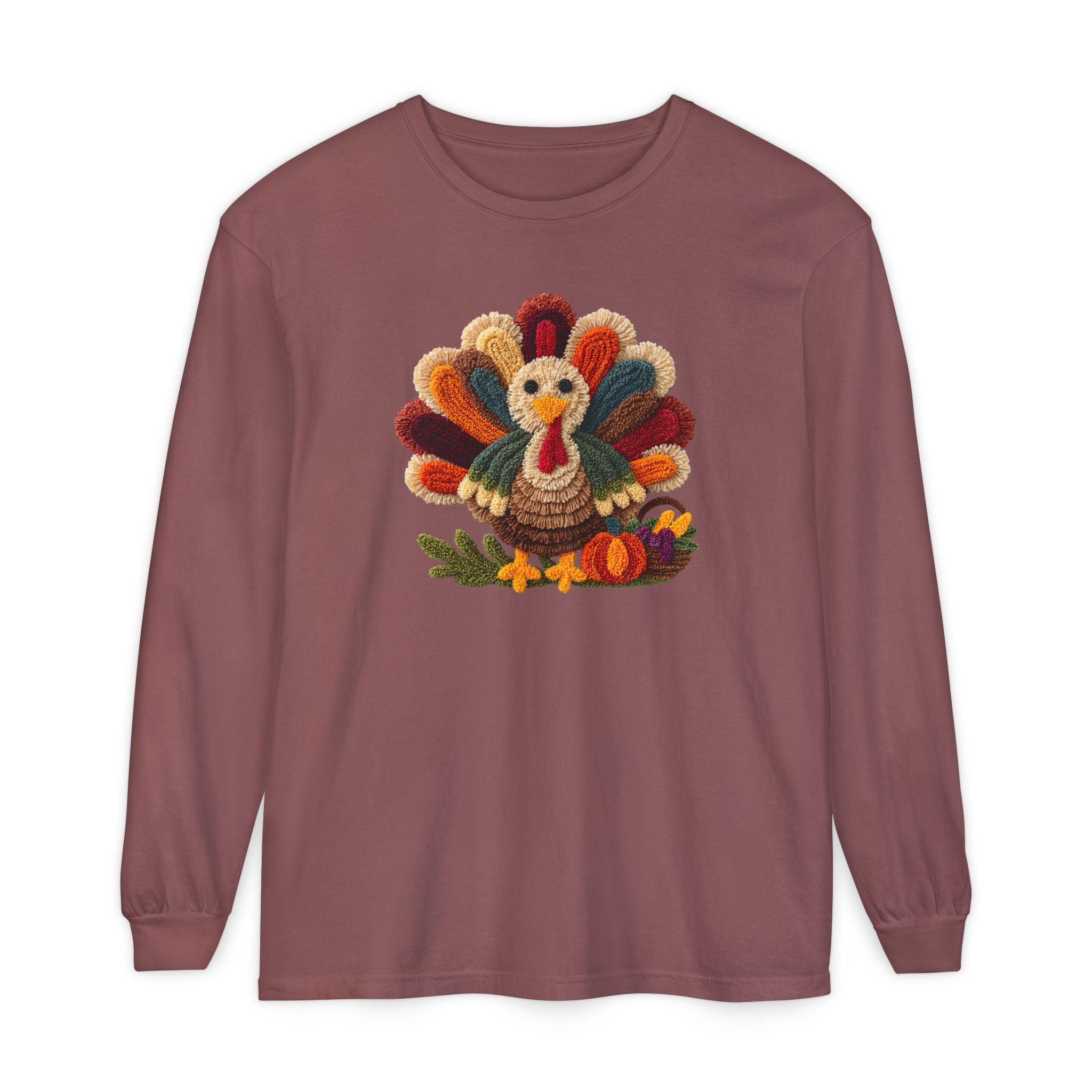Faux Embroidery Turkey Comfort Colors Long Sleeve T-Shirt, Cute Women's Thanksgiving Shirt