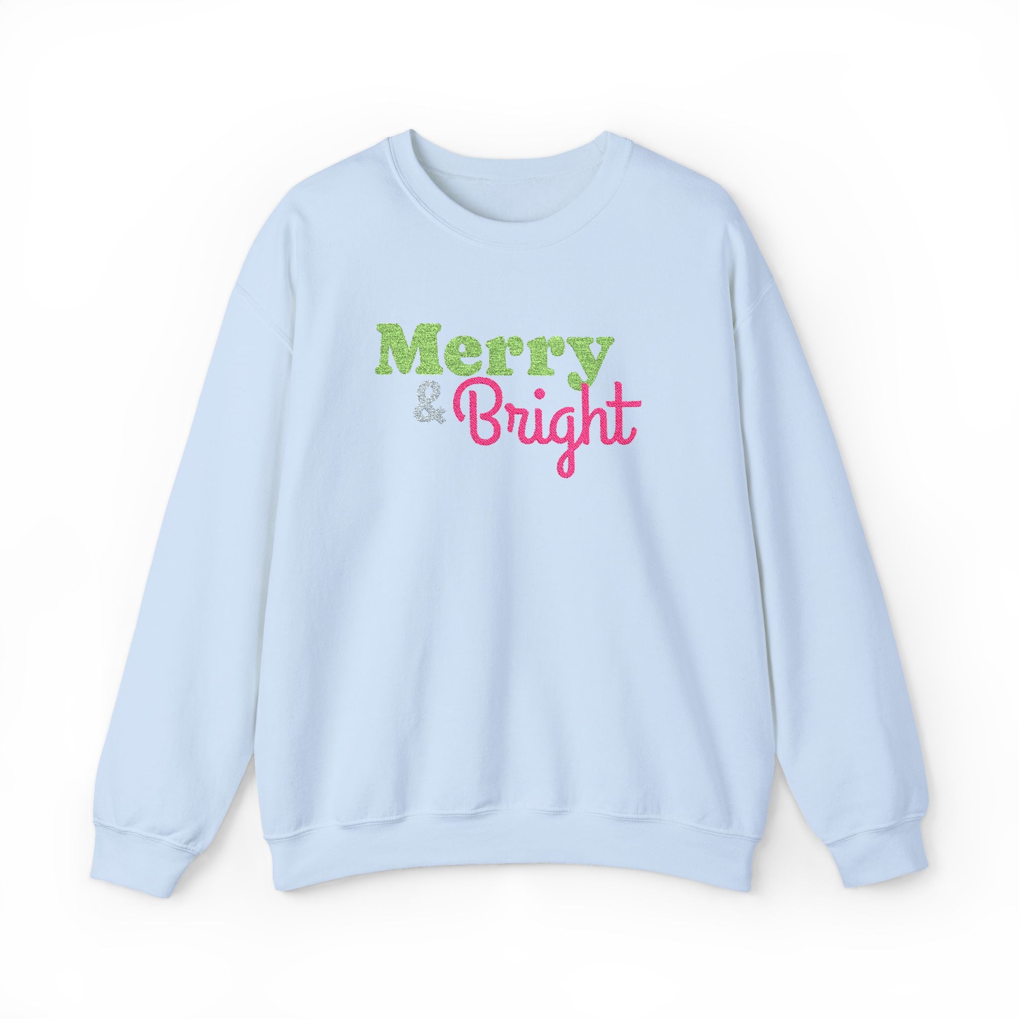 Merry and Bright Embroidered Christmas Crewneck Sweatshirt,  Pink Lime Green Holiday Sweater