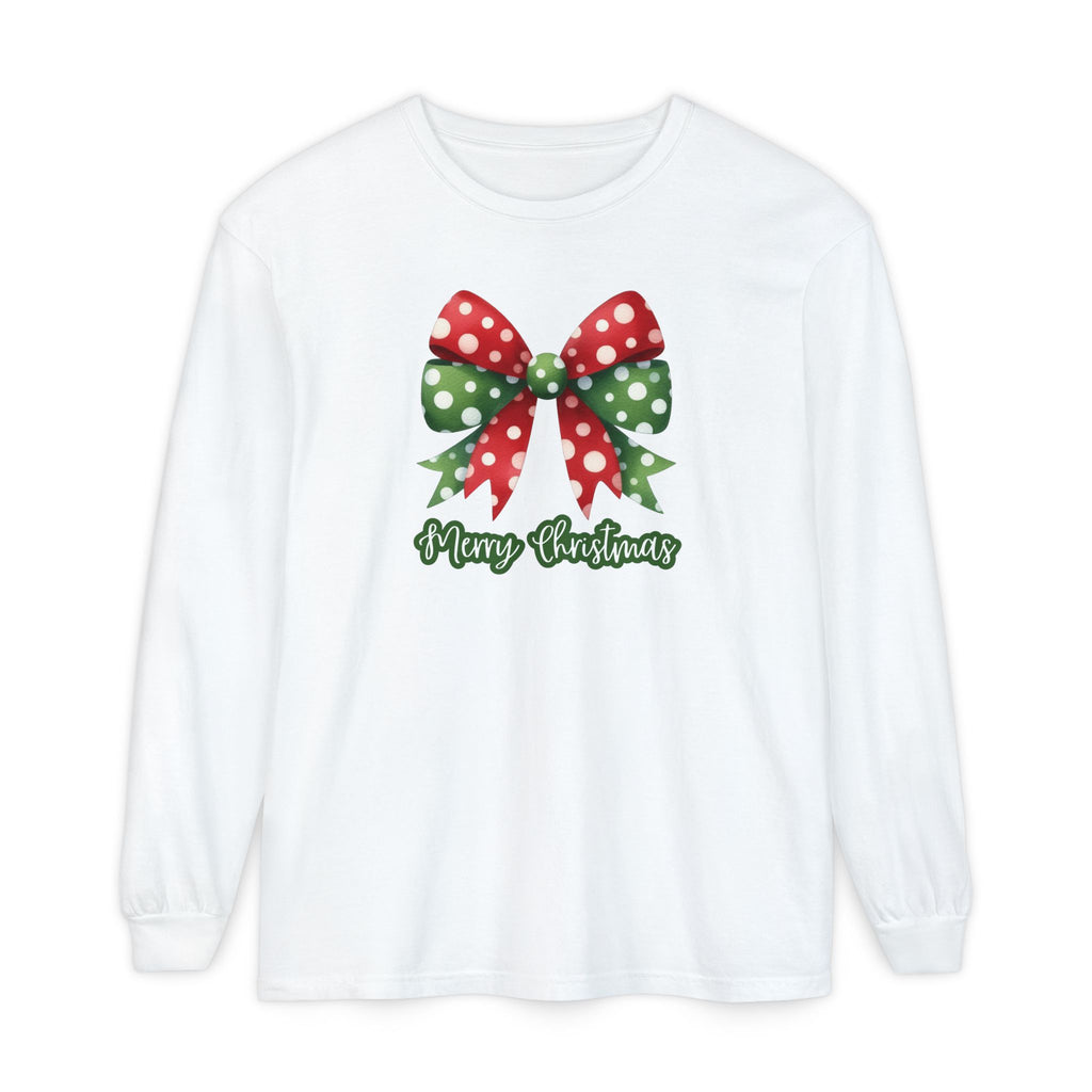 Merry Christmas Bow Comfort Colors Long Sleeve T-Shirt, Cute Women's Holiday Tee