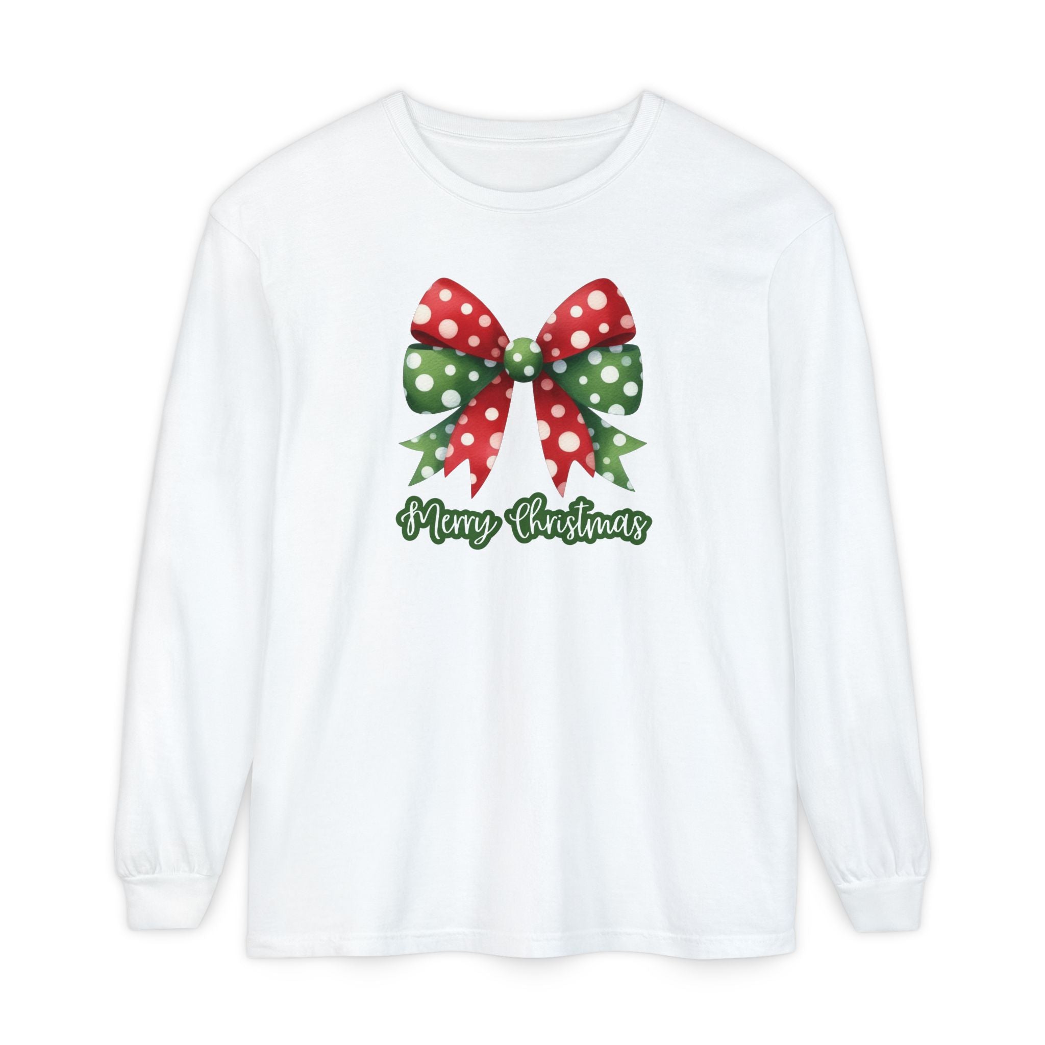 Merry Christmas Bow Comfort Colors Long Sleeve T-Shirt, Cute Women's Holiday Tee