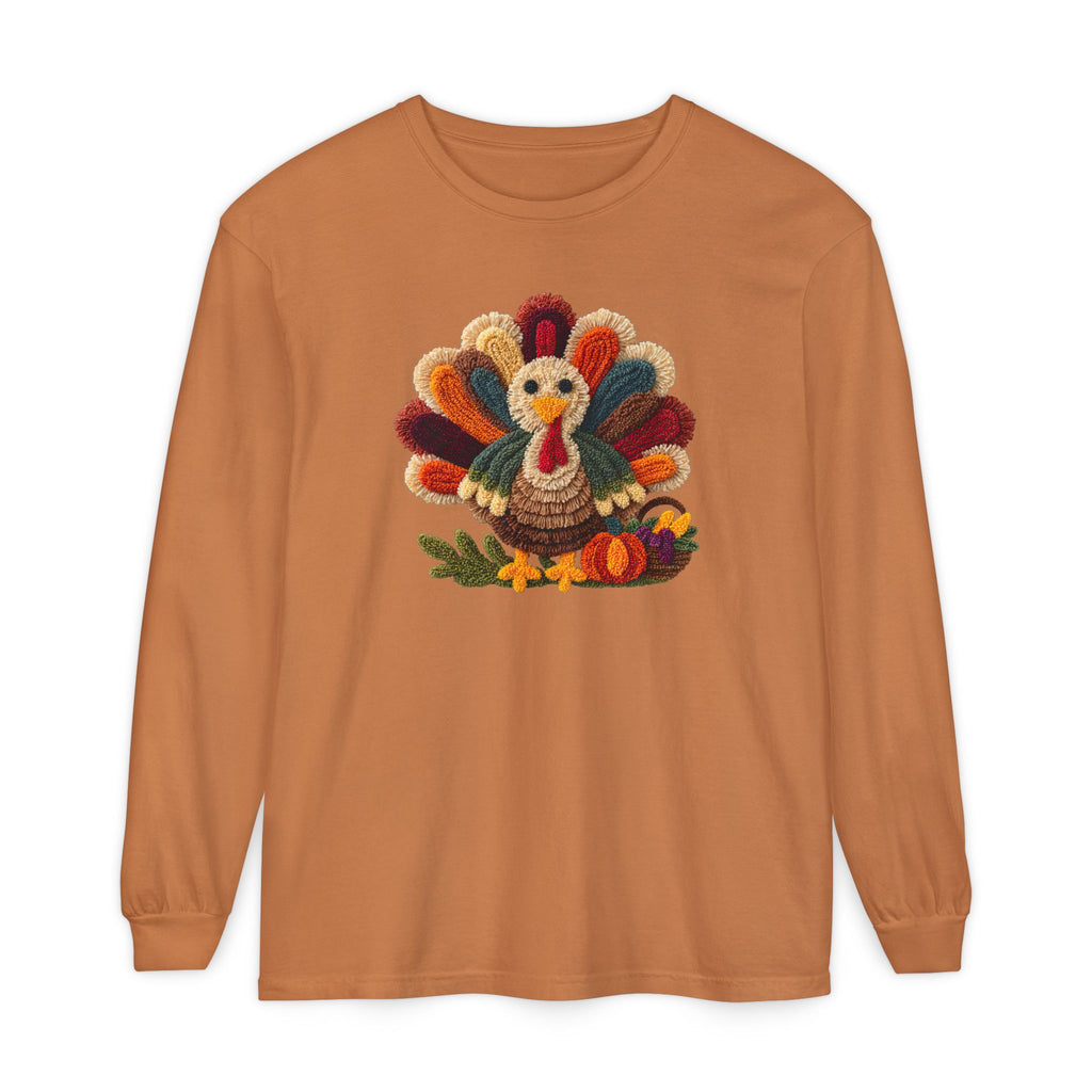 Faux Embroidery Turkey Comfort Colors Long Sleeve T-Shirt, Cute Women's Thanksgiving Shirt