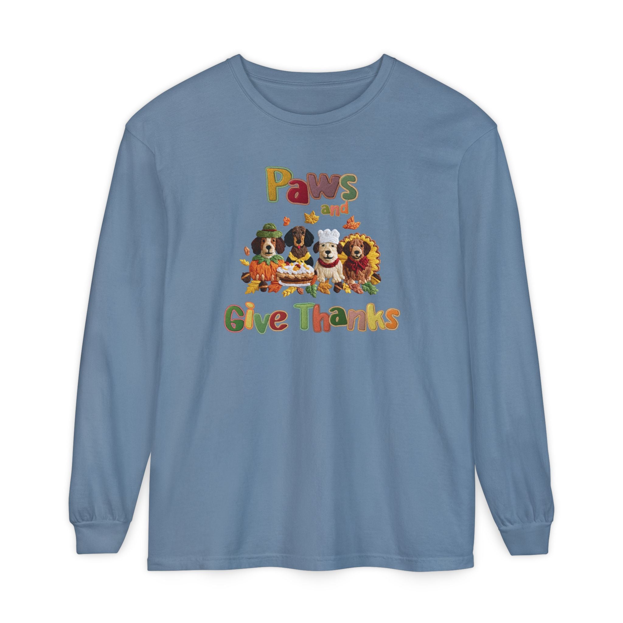Paws and Give Thanks Dogs Faux Embroidery Comfort Colors Long Sleeve T-shirt, Thanksgiving Pets Tee, Animal Lover Shirt, Fall Gift for Dog Owners