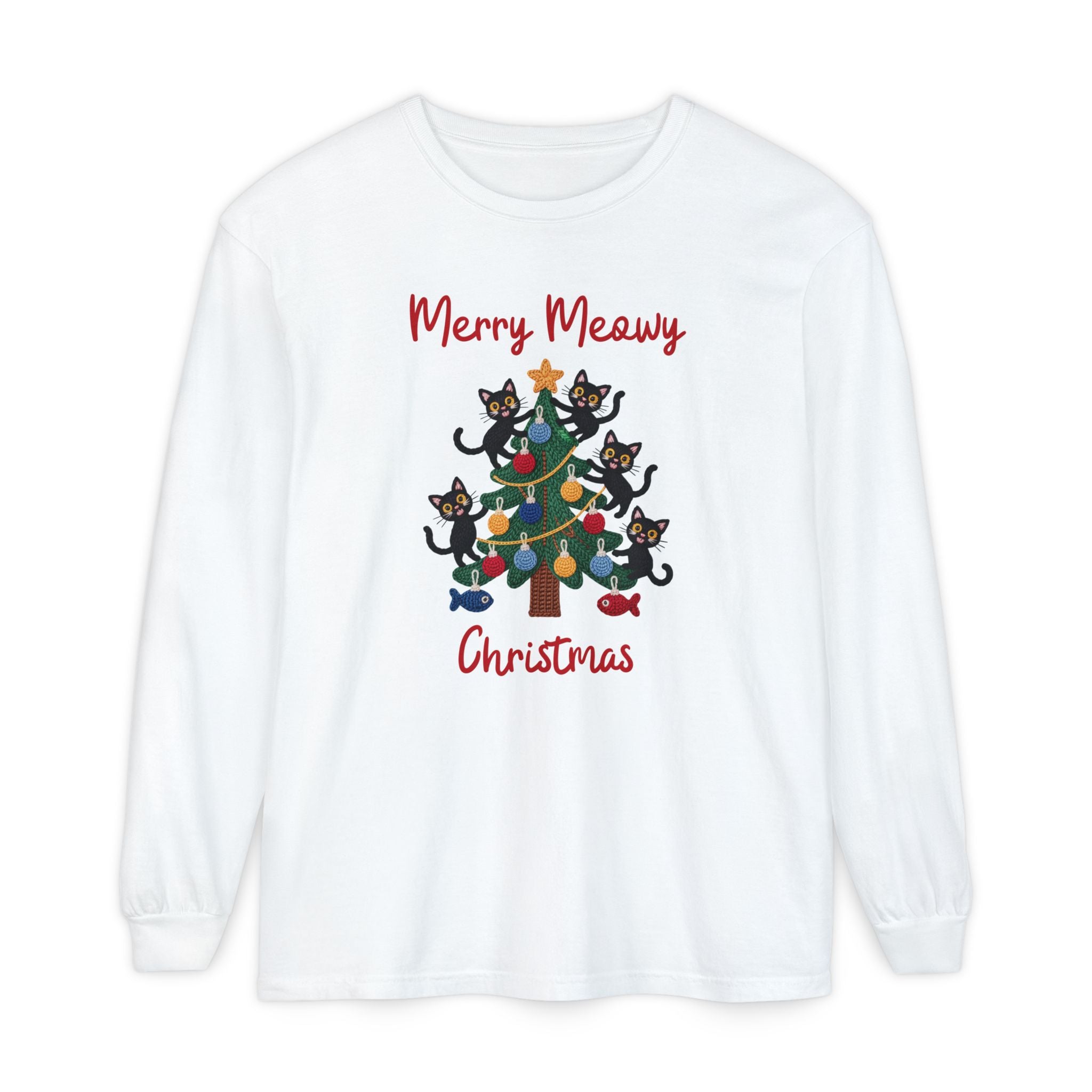 Merry Meowy Christmas Long Sleeve Tee, Cute Cat Christmas Tree Holiday Shirt, Comfort Colors
