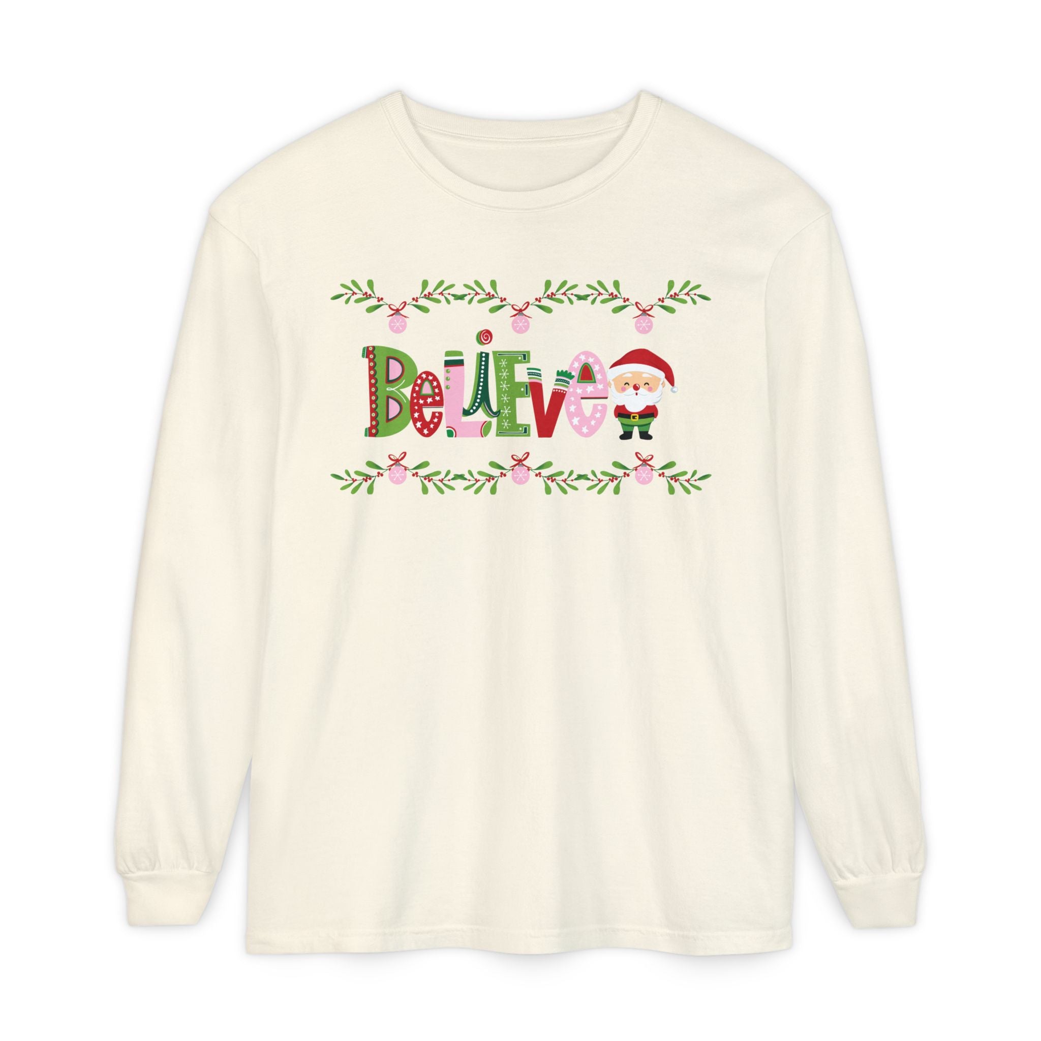 Believe Santa Comfort Colors Long Sleeve T-shirt, Pink Green Red Christmas Tee, Holiday Shirt