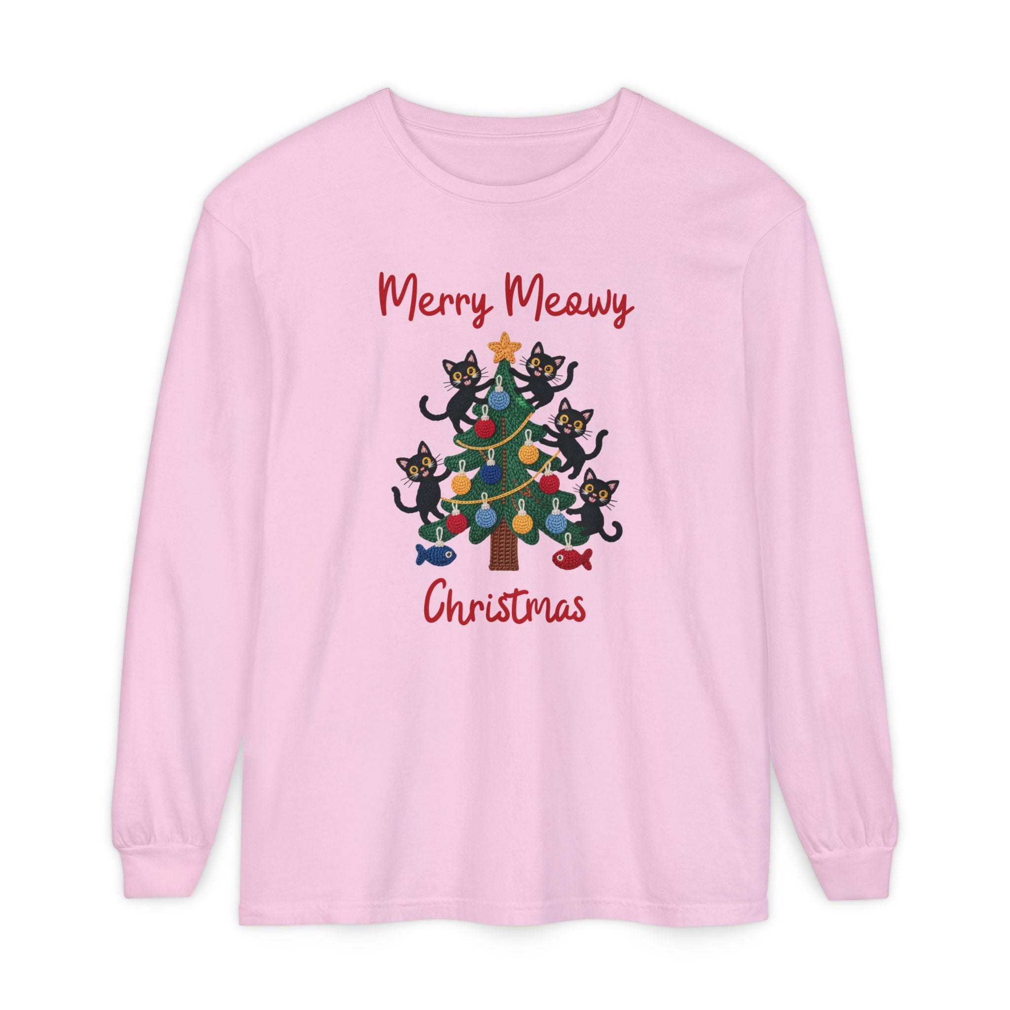 Merry Meowy Christmas Long Sleeve Tee, Cute Cat Christmas Tree Holiday Shirt, Comfort Colors