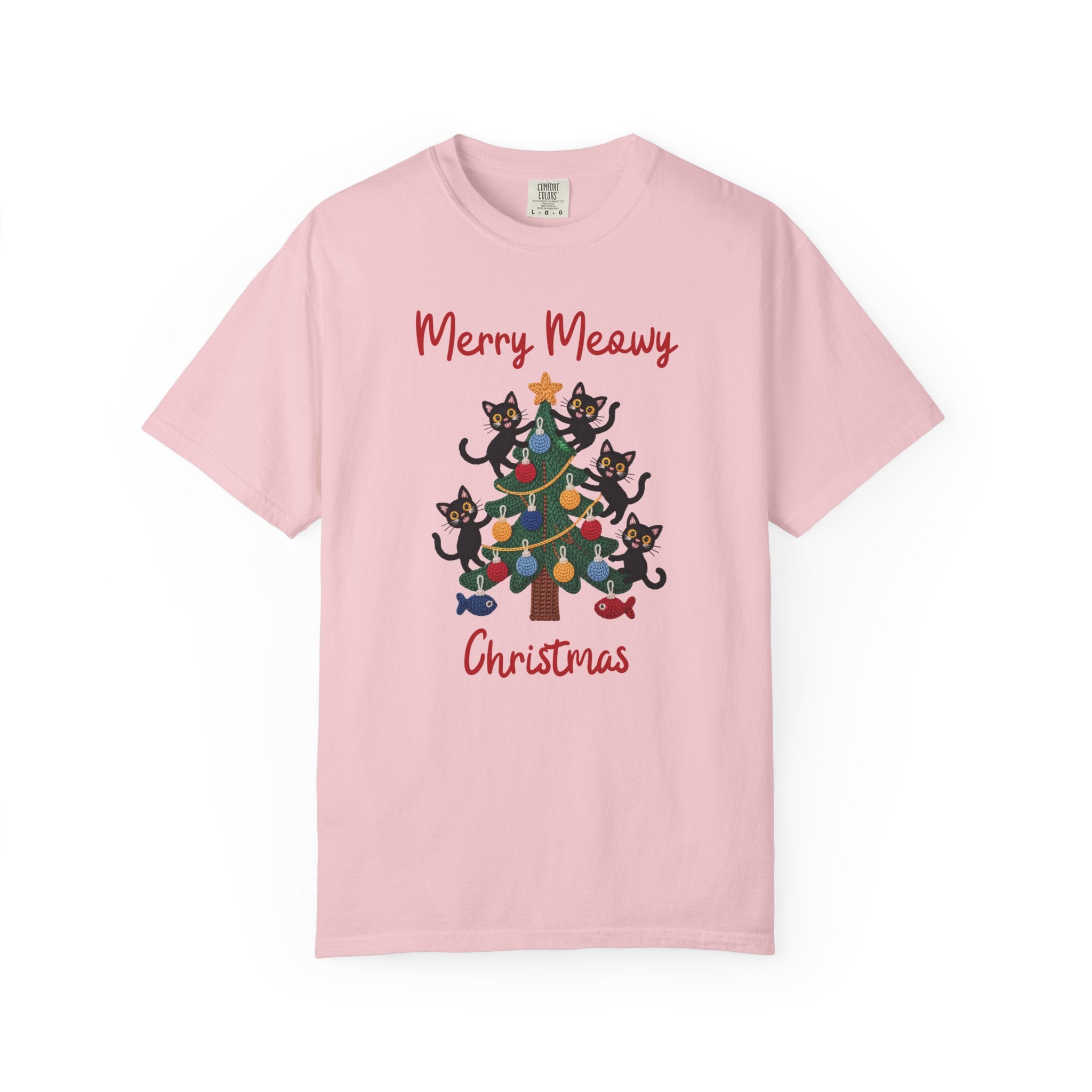 Merry Meowy Christmas Comfort Colors Tee, Cute Cat Christmas Tree Holiday Shirt