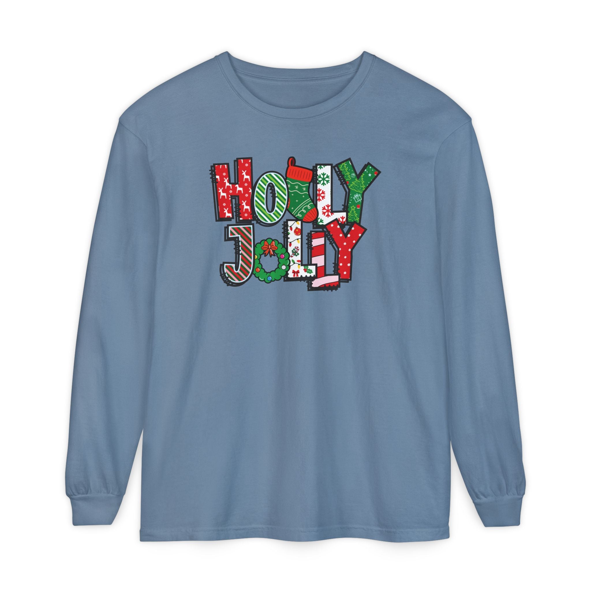 Holly Jolly Comfort Colors Adult Long Sleeve T-Shirt, Festive Christmas Tees, Matching Family Pajamas, Holiday Shirt