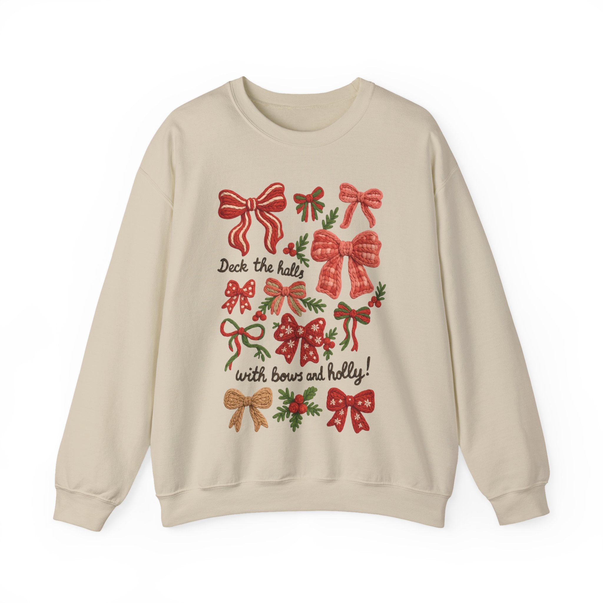 Christmas Bow "Deck the Halls with Bows and Holly" Gildan Sweatshirt, Faux Embroidery,  Holiday Crewneck