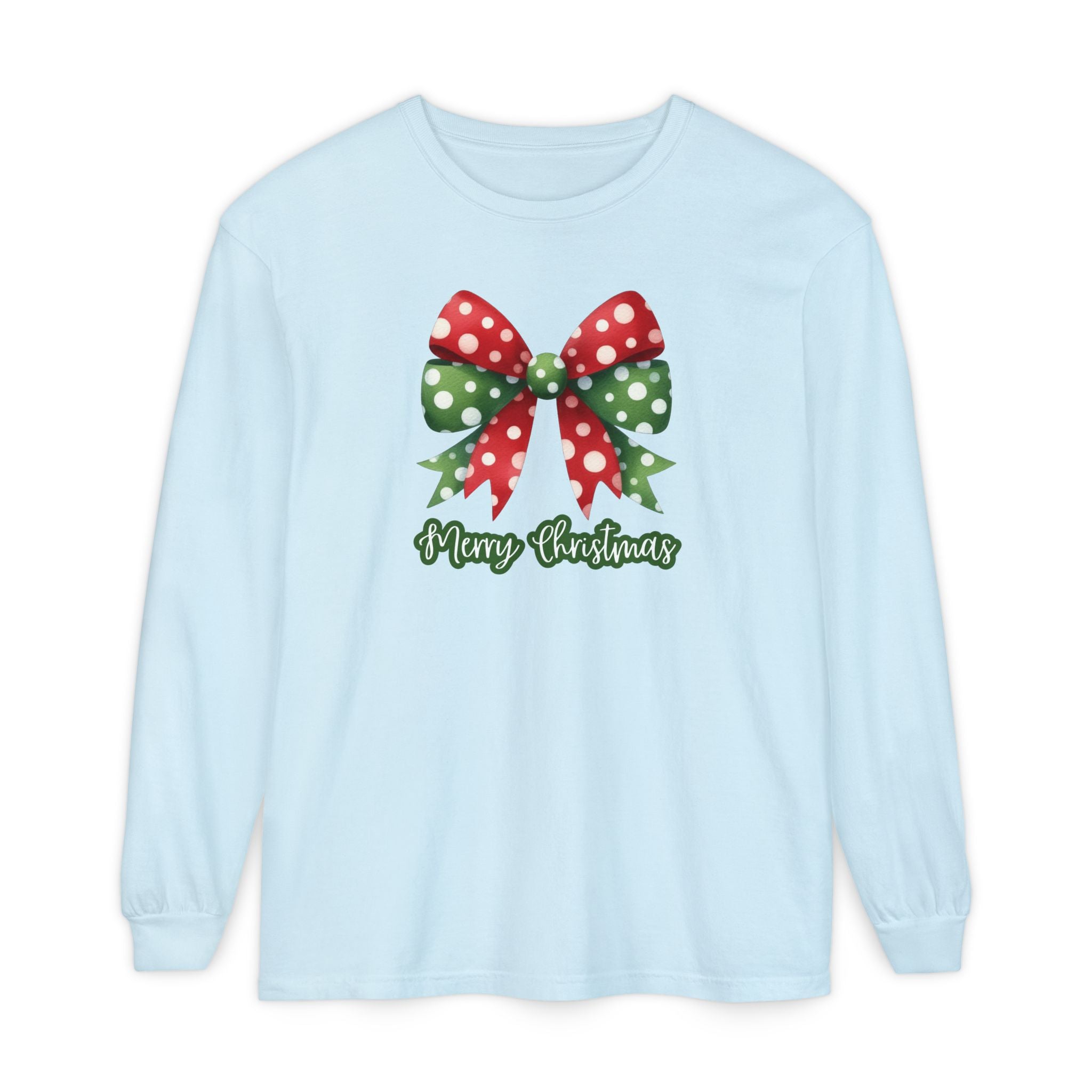Merry Christmas Bow Comfort Colors Long Sleeve T-Shirt, Cute Women's Holiday Tee