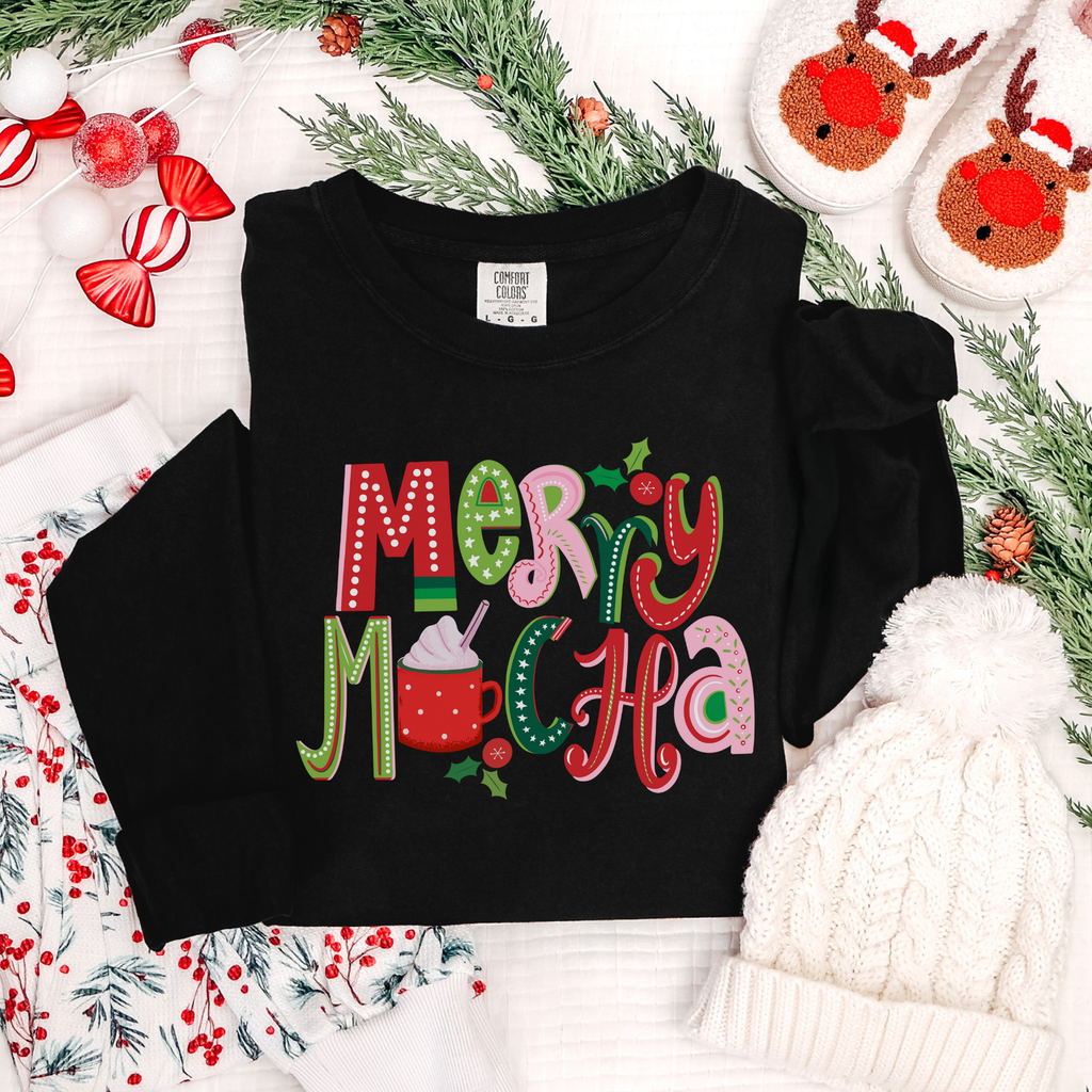 Merry Mocha Christmas Comfort Colors Long Sleeve T-Shirt, Cute Women's Holiday Tee