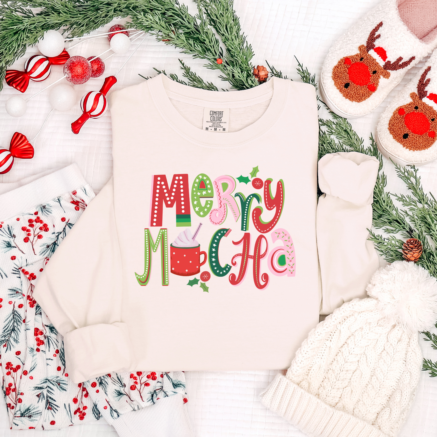 Merry Mocha Christmas Comfort Colors Long Sleeve T-Shirt, Cute Women's Holiday Tee