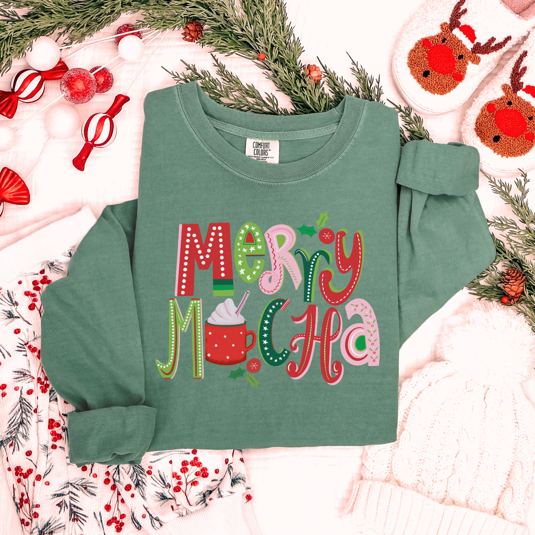 Merry Mocha Christmas Comfort Colors Long Sleeve T-Shirt, Cute Women's Holiday Tee