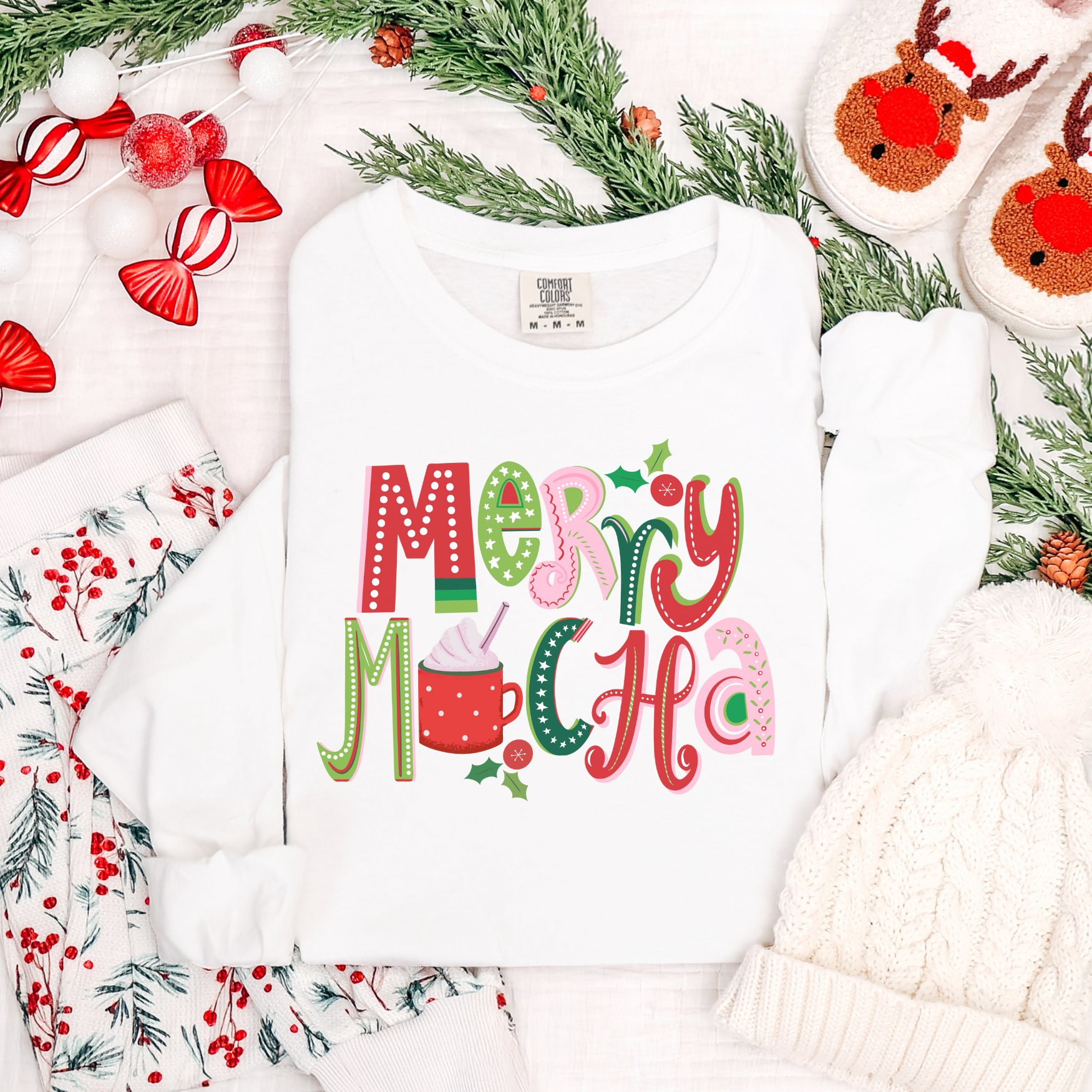 Merry Mocha Christmas Comfort Colors Long Sleeve T-Shirt, Cute Women's Holiday Tee
