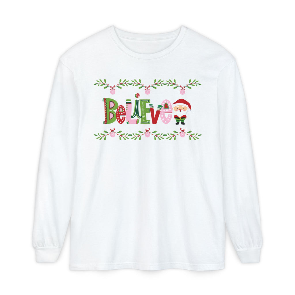 Believe Santa Comfort Colors Long Sleeve T-shirt, Pink Green Red Christmas Tee, Holiday Shirt