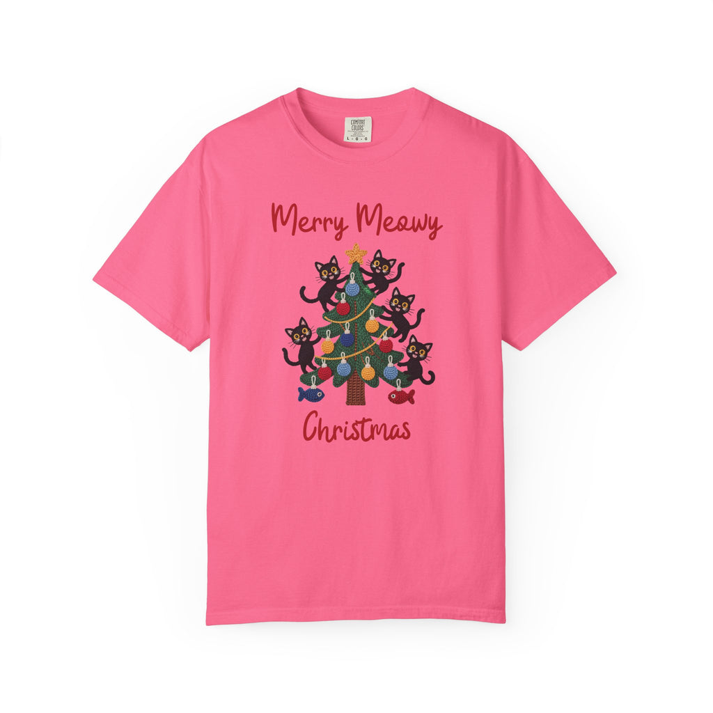 Merry Meowy Christmas Comfort Colors Tee, Cute Cat Christmas Tree Holiday Shirt