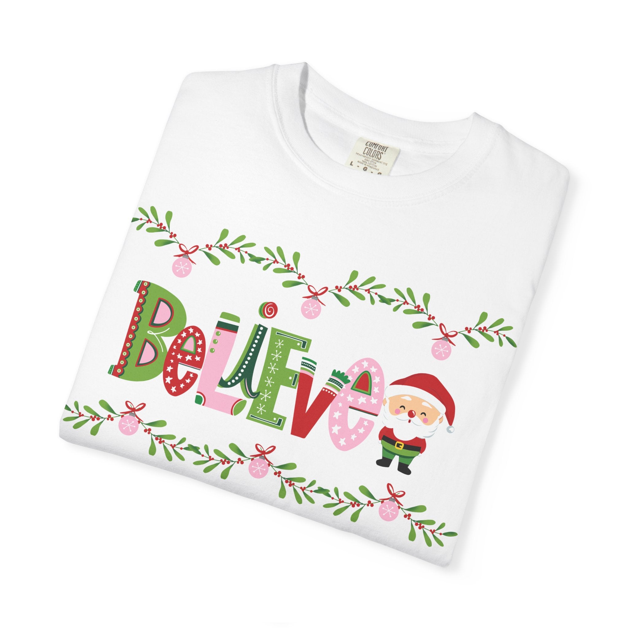 Believe Santa Comfort Colors T-shirt, Pink Green Red Christmas Tee, Holiday Shirt
