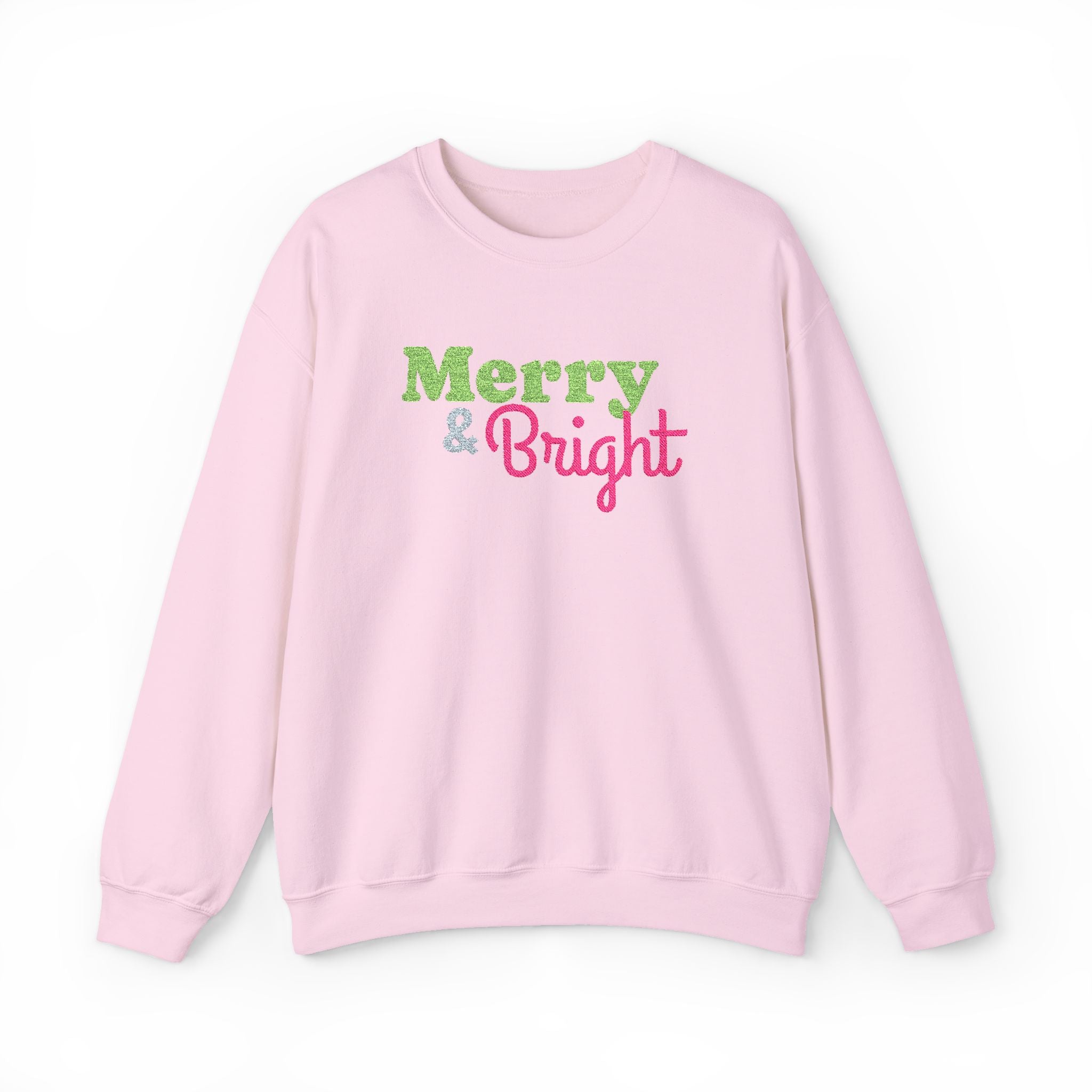 Merry and Bright Embroidered Christmas Crewneck Sweatshirt,  Pink Lime Green Holiday Sweater