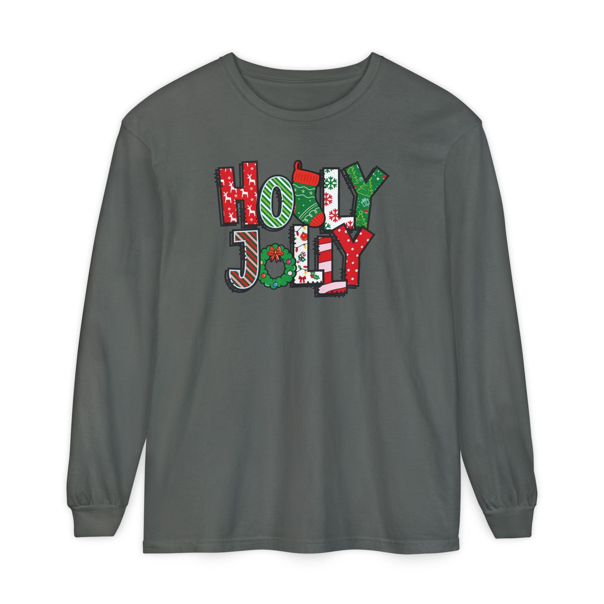 Holly Jolly Comfort Colors Adult Long Sleeve T-Shirt, Festive Christmas Tees, Matching Family Pajamas, Holiday Shirt