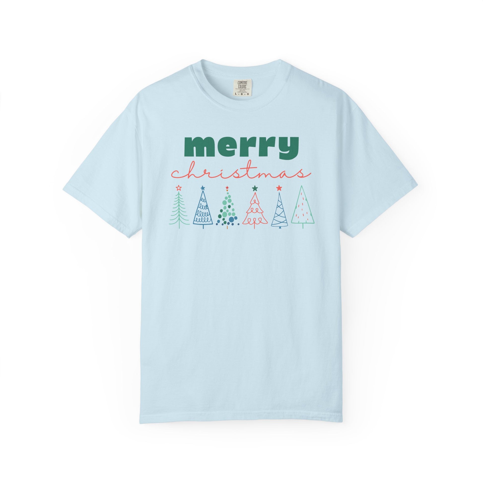 Merry Christmas Line-drawn Christmas Trees T-shirt, Comfort Colors Holiday Tee
