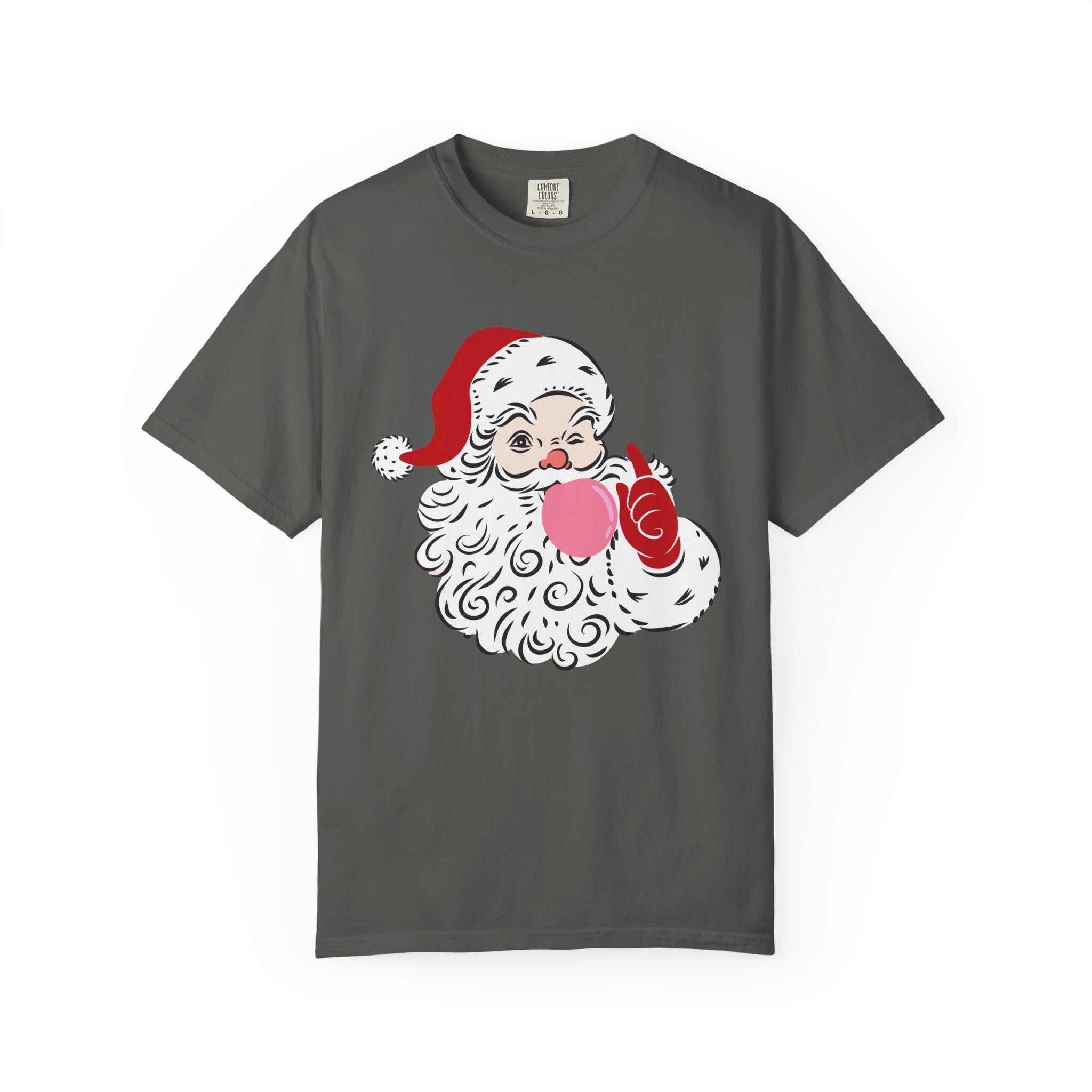 Red Winking Santa Blowing Bubble Comfort Color T-Shirt. Merry Christmas Tee, Woman's Holiday Shirt