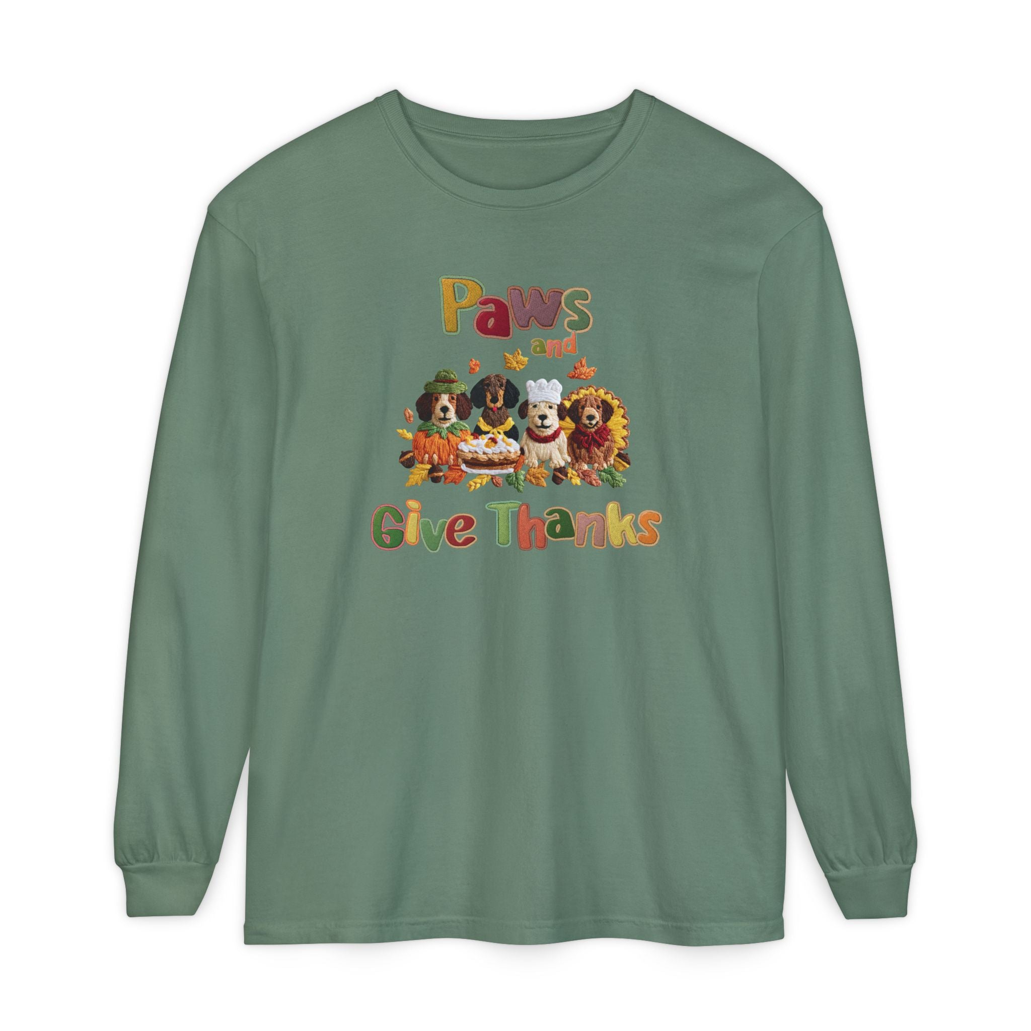 Paws and Give Thanks Dogs Faux Embroidery Comfort Colors Long Sleeve T-shirt, Thanksgiving Pets Tee, Animal Lover Shirt, Fall Gift for Dog Owners