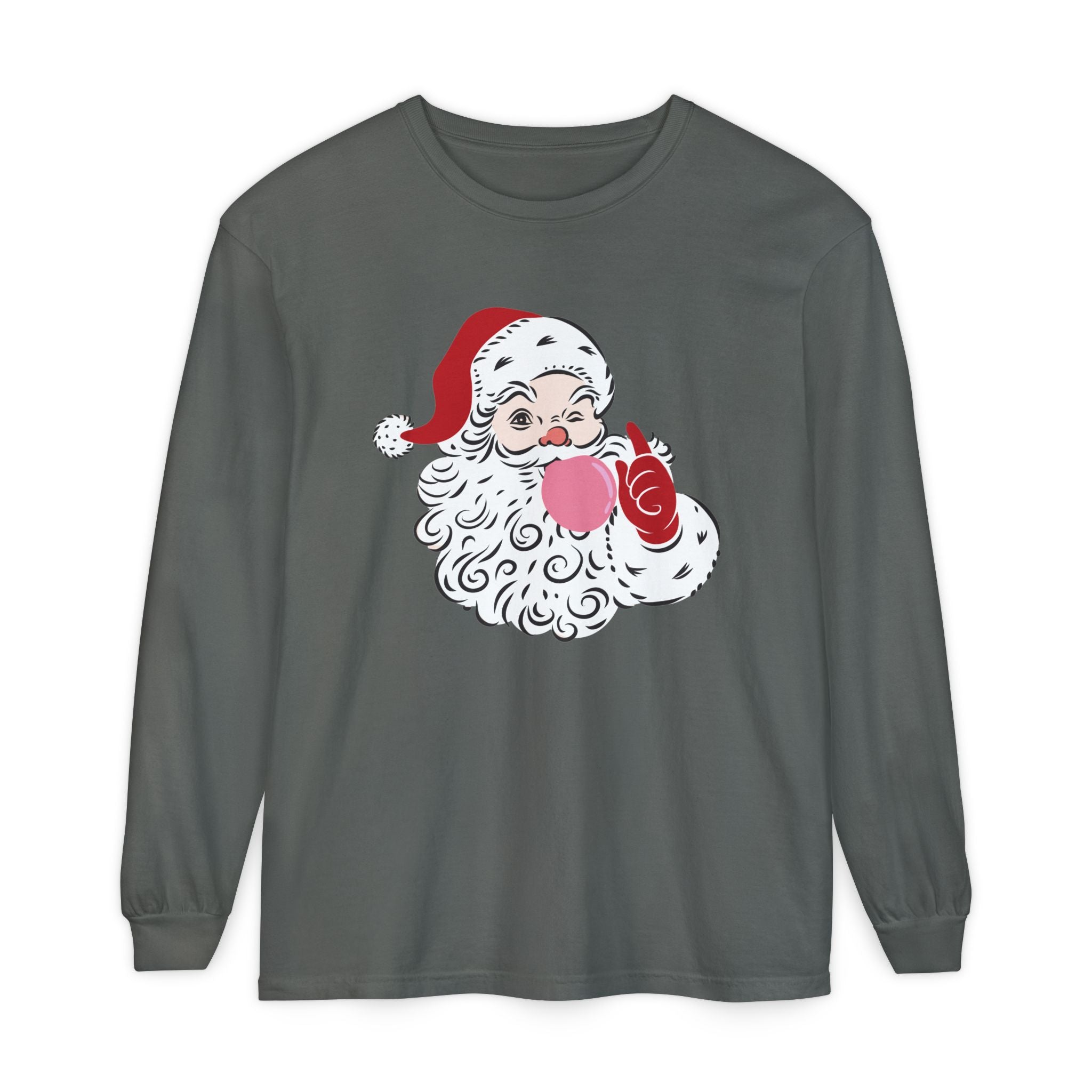 Red Winking Santa Blowing Bubble Comfort Color Long Sleeve T-Shirt. Merry Christmas Tee, Woman's Holiday Shirt
