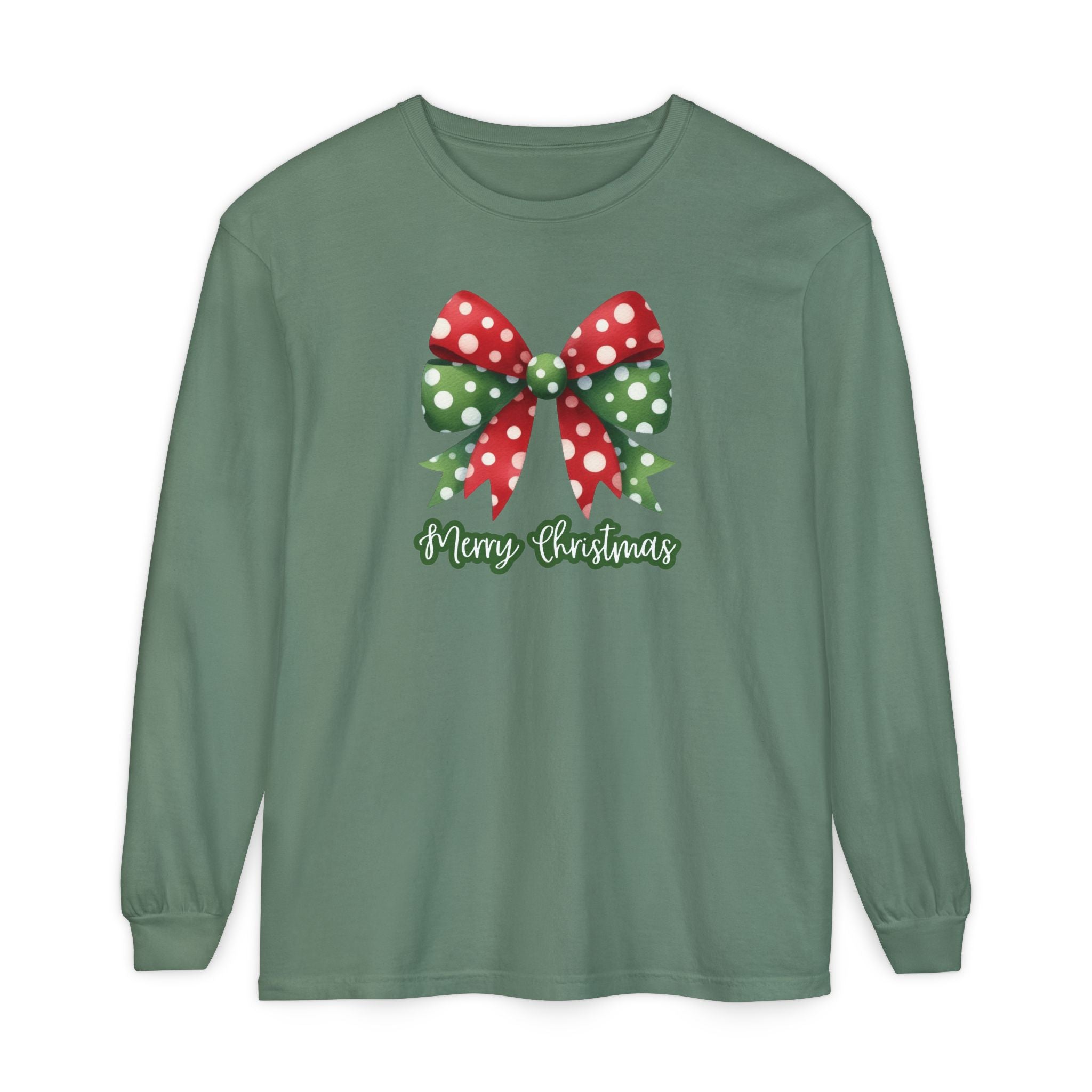 Merry Christmas Bow Comfort Colors Long Sleeve T-Shirt, Cute Women's Holiday Tee